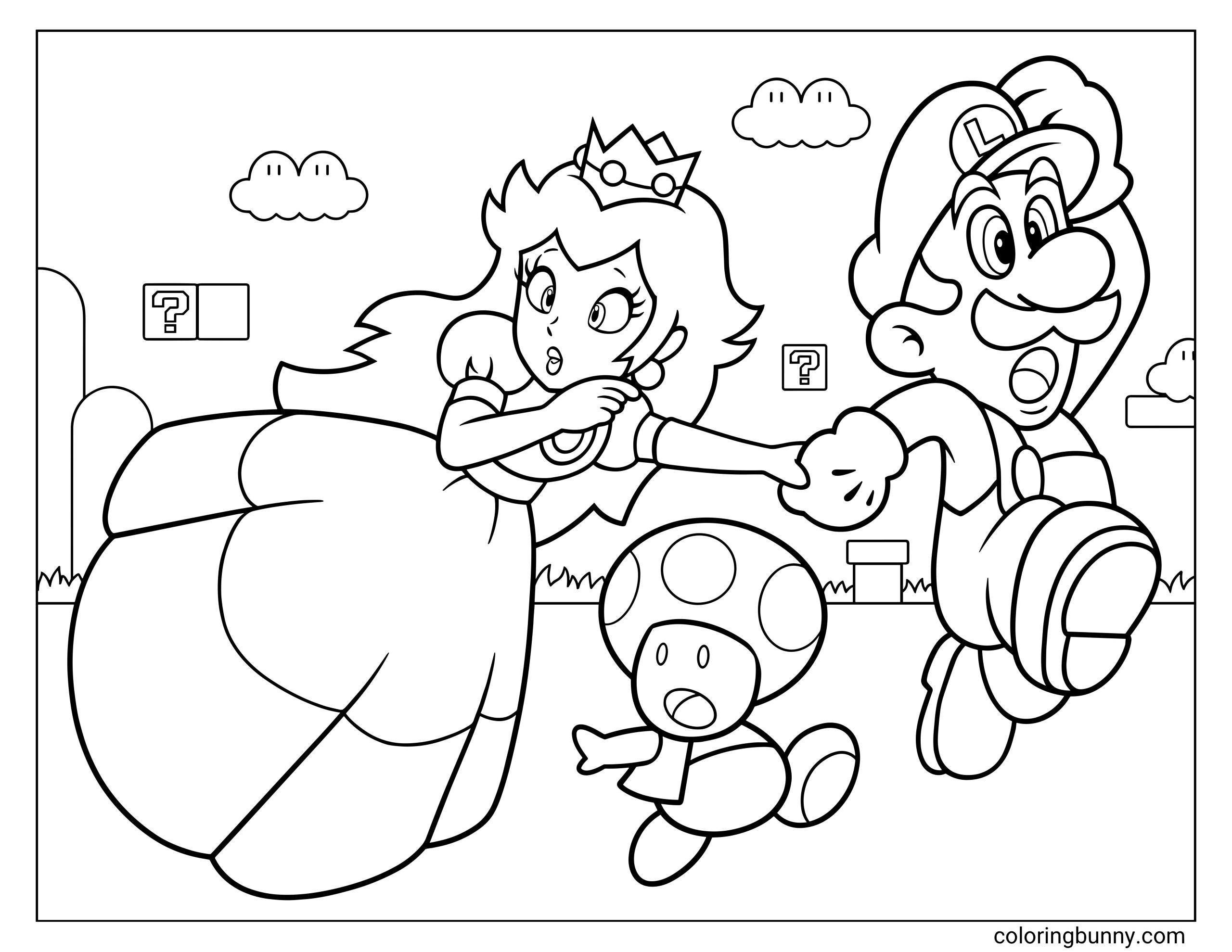 Coloring page of Princess Peach with Luigi and Toad, featuring Peach in her crown and gown, Luigi mid-run, Toad pointing, and Mushroom Kingdom scenery.