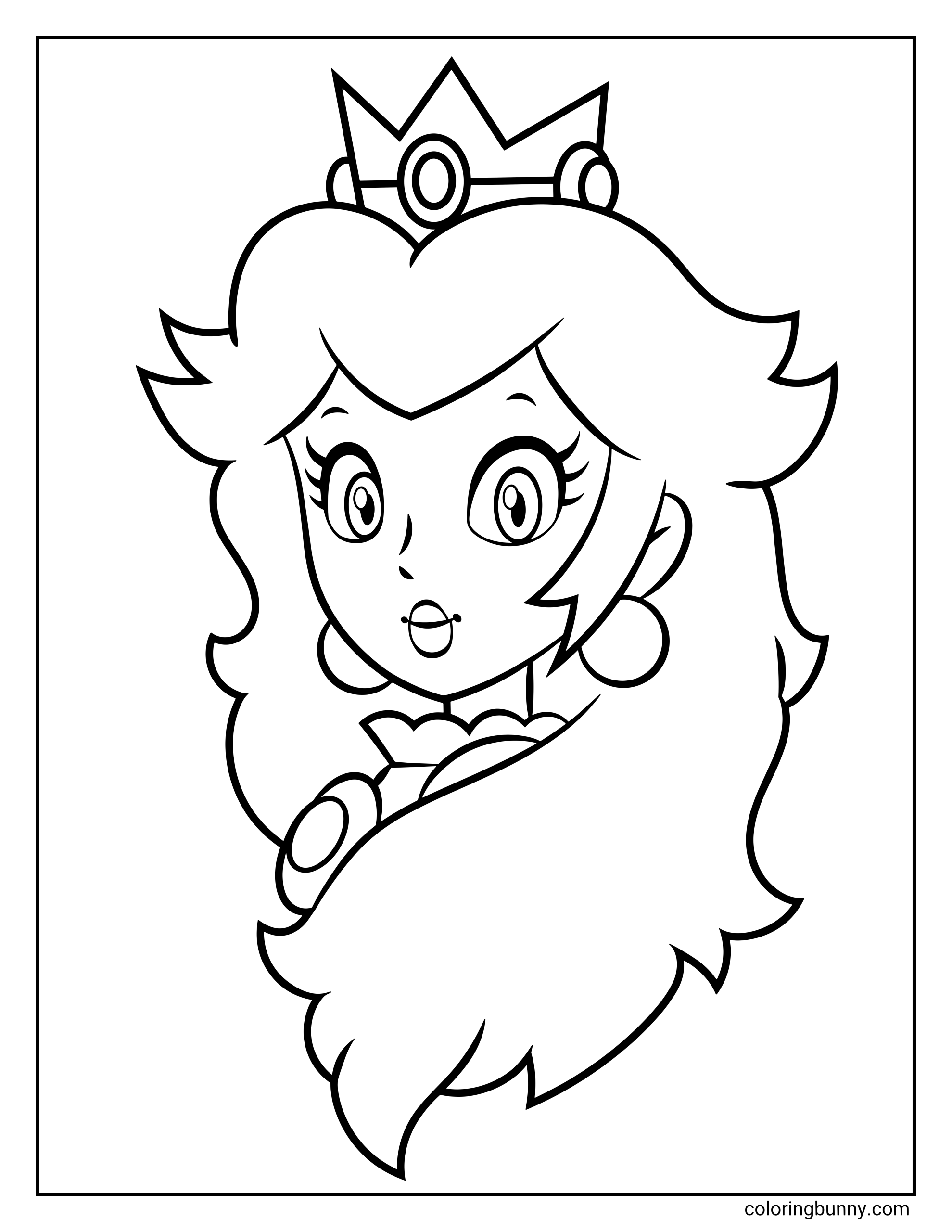 Princess Peach coloring page featuring a close-up portrait of Princess Peach with her crown, long flowing hair, round earrings, and a sweet surprised expression, shown from the upper body against a simple background.