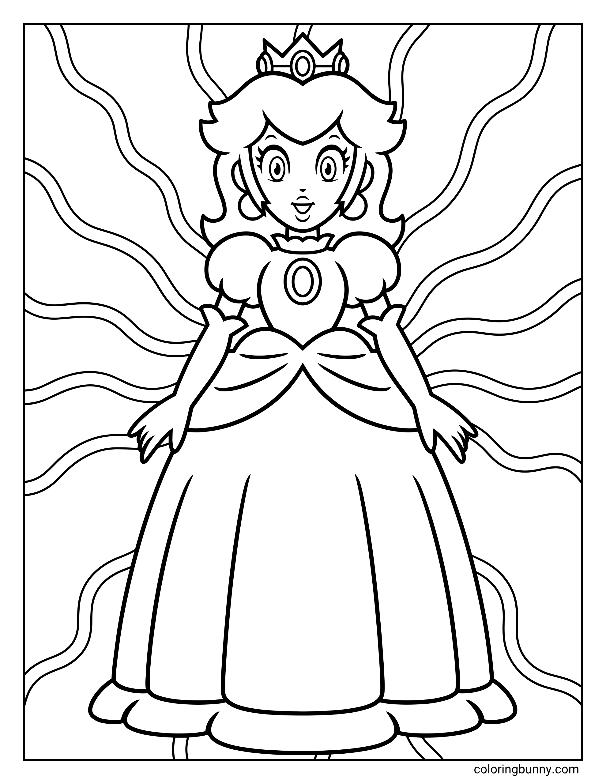 Coloring page of Princess Peach standing in her princess dress with flowing wavy lines across the scene.