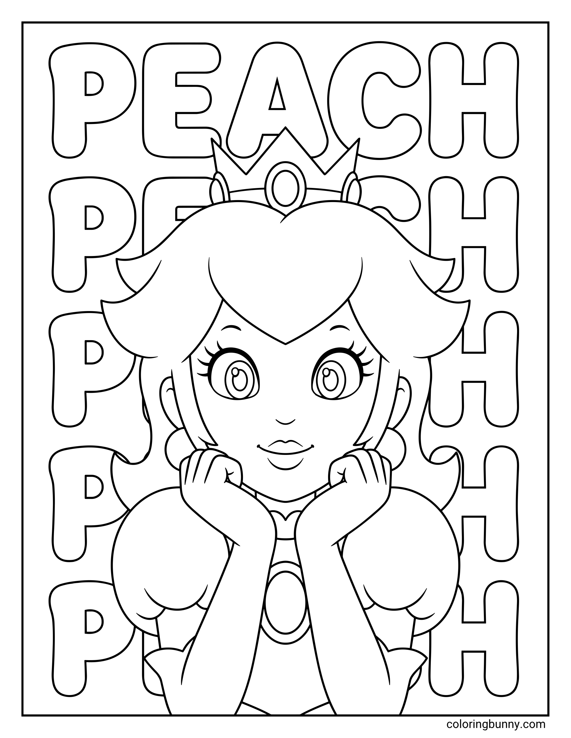 Princess Peach coloring page showing Princess Peach smiling sweetly in a close portrait layout, with puff sleeves, crown, earrings, and a background filled with repeating “PEACH” lettering in tall rounded bubble-style text.