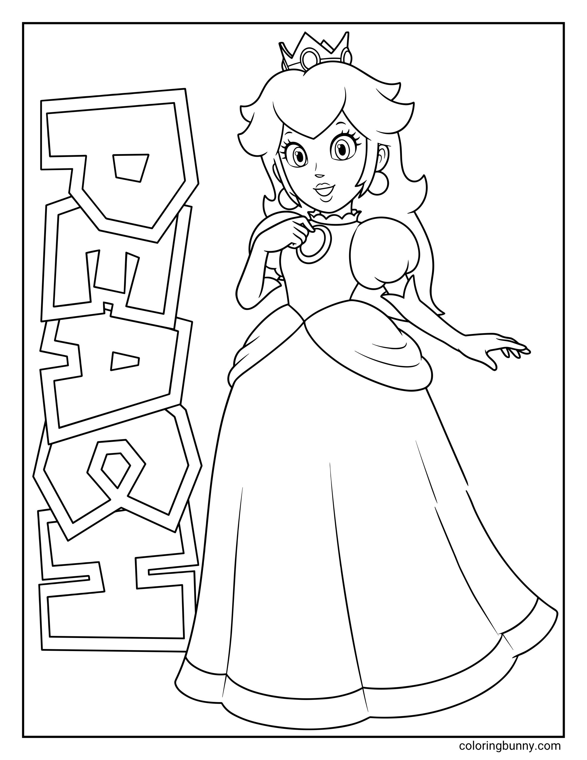 Coloring page of Princess Peach posing next to large vertical Peach bubble letters, with her crown, flowing hair, puff sleeves, and full princess dress.