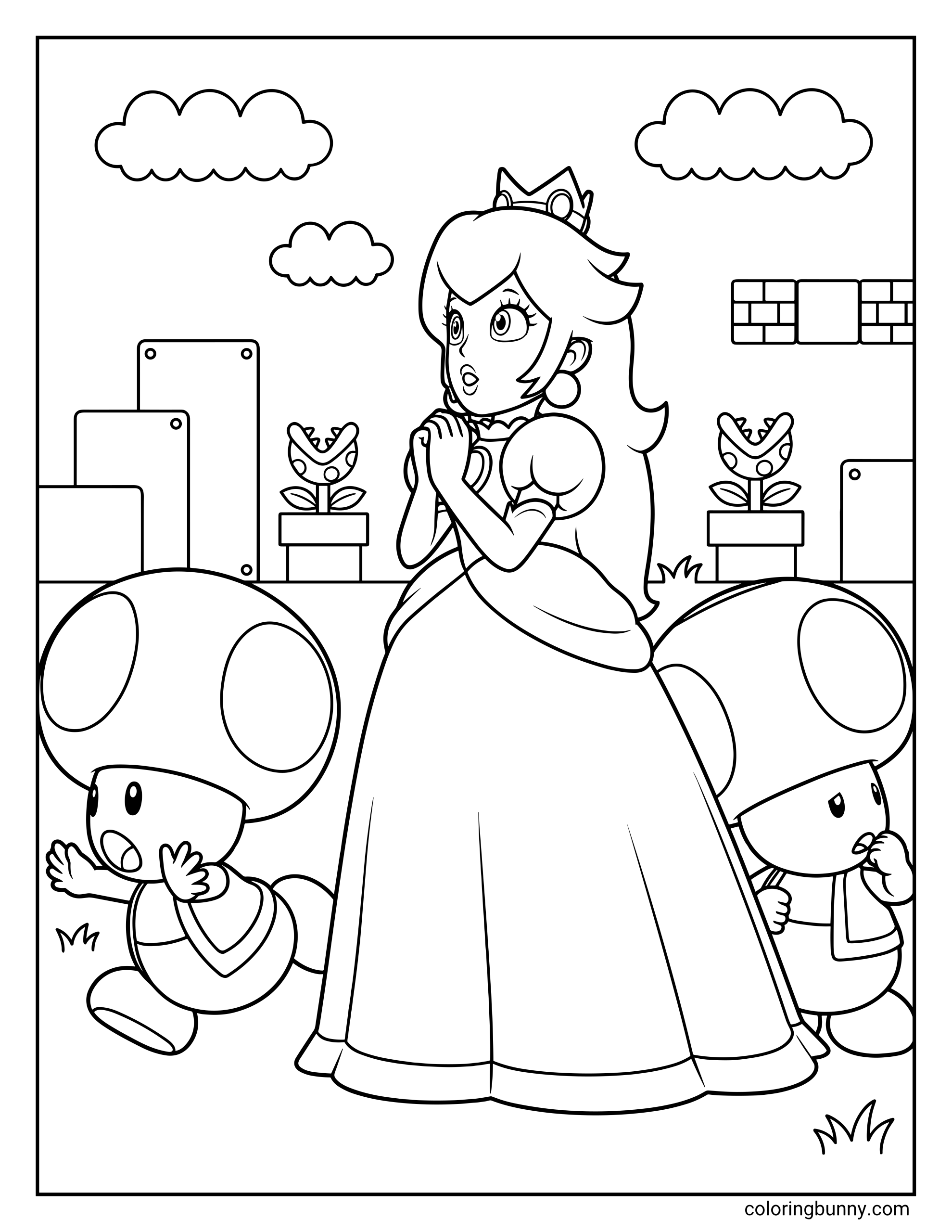 Coloring page of Princess Peach surrounded by two Toad characters in the Mushroom Kingdom, with her crown, full dress, Mario blocks, pipes, clouds, and Piranha Plants.