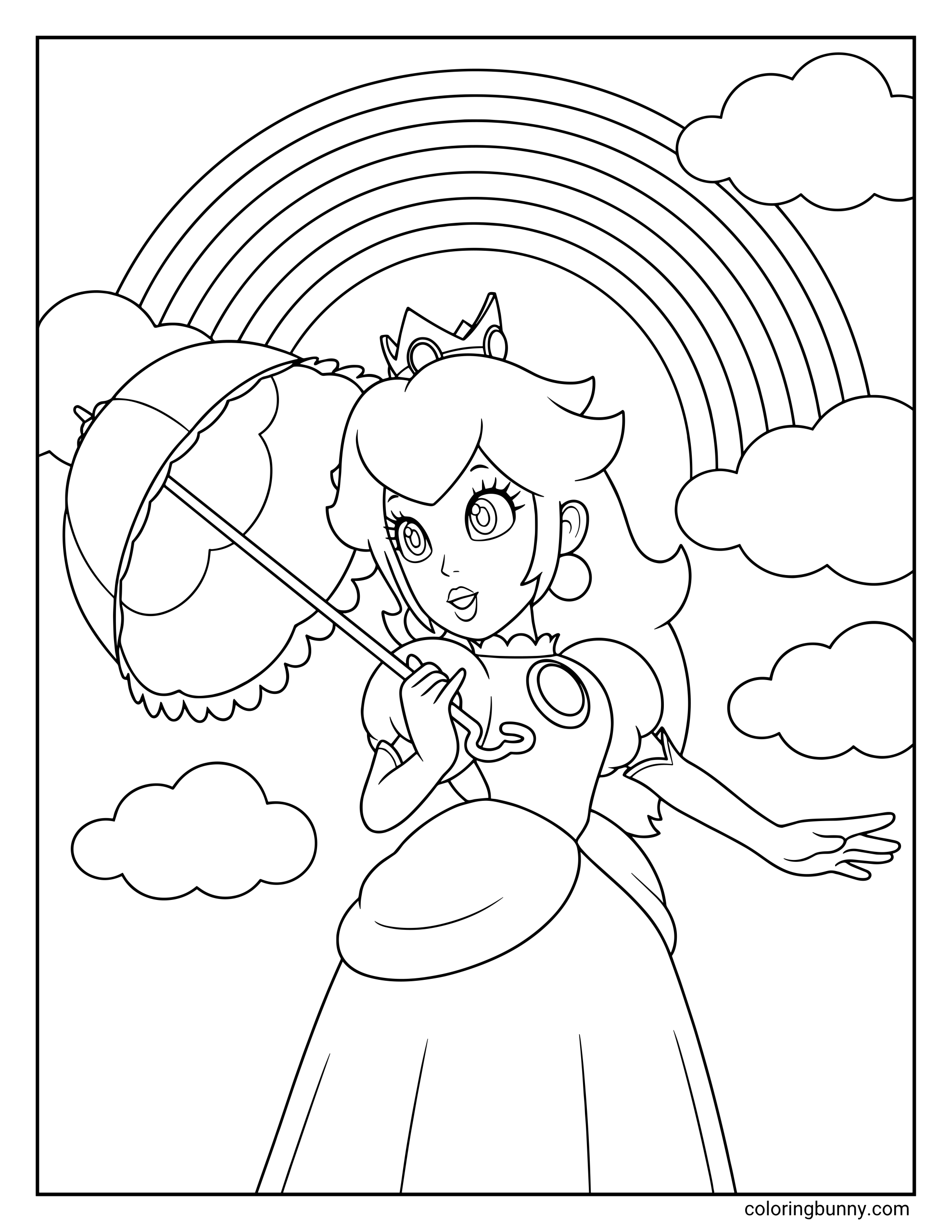 Coloring page of Princess Peach wearing her classic evening dress and crown while holding an open umbrella with a large rainbow spanning across the sky.