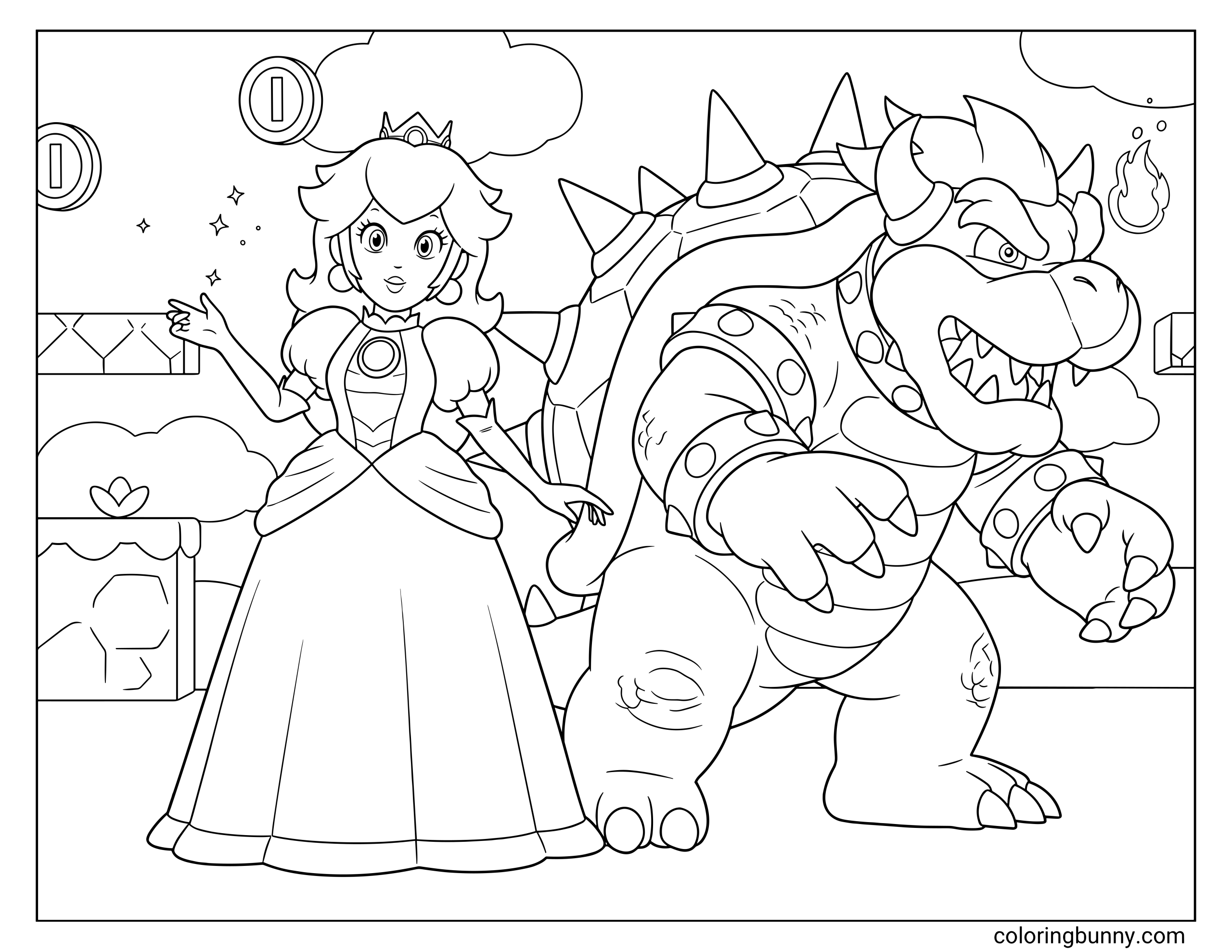 Coloring page of Princess Peach and Bowser in an action scene, with Peach in her royal dress, Bowser posing beside her, floating coins, clouds, and fire details.
