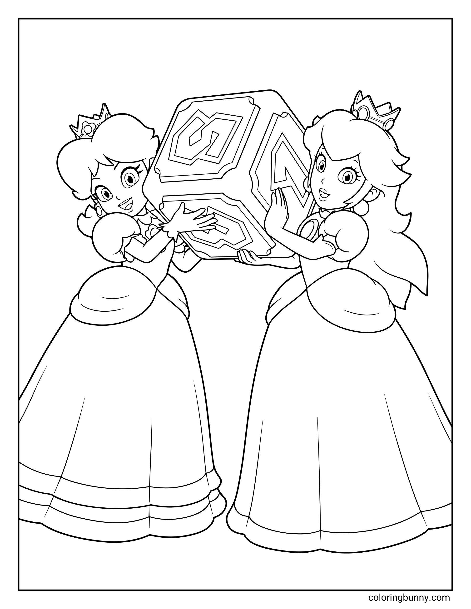 Coloring page of Princess Peach and Princess Daisy in gowns and crowns, carrying a big puzzle-like block.