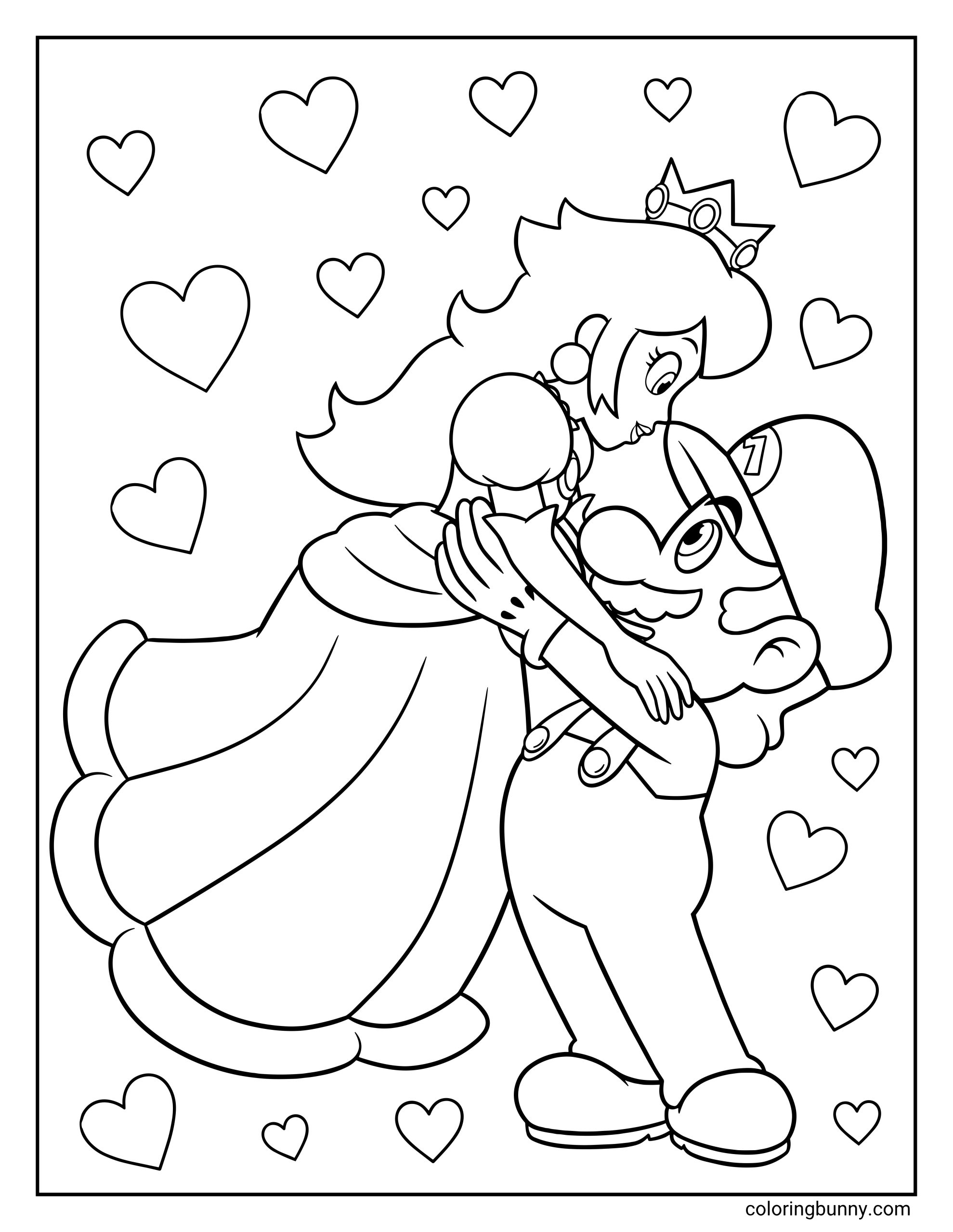 Coloring page with Princess Peach and Mario in a romantic embrace, showing Peach in her flowing dress and crown as Mario supports her in a dipped pose, with hearts floating all around them.