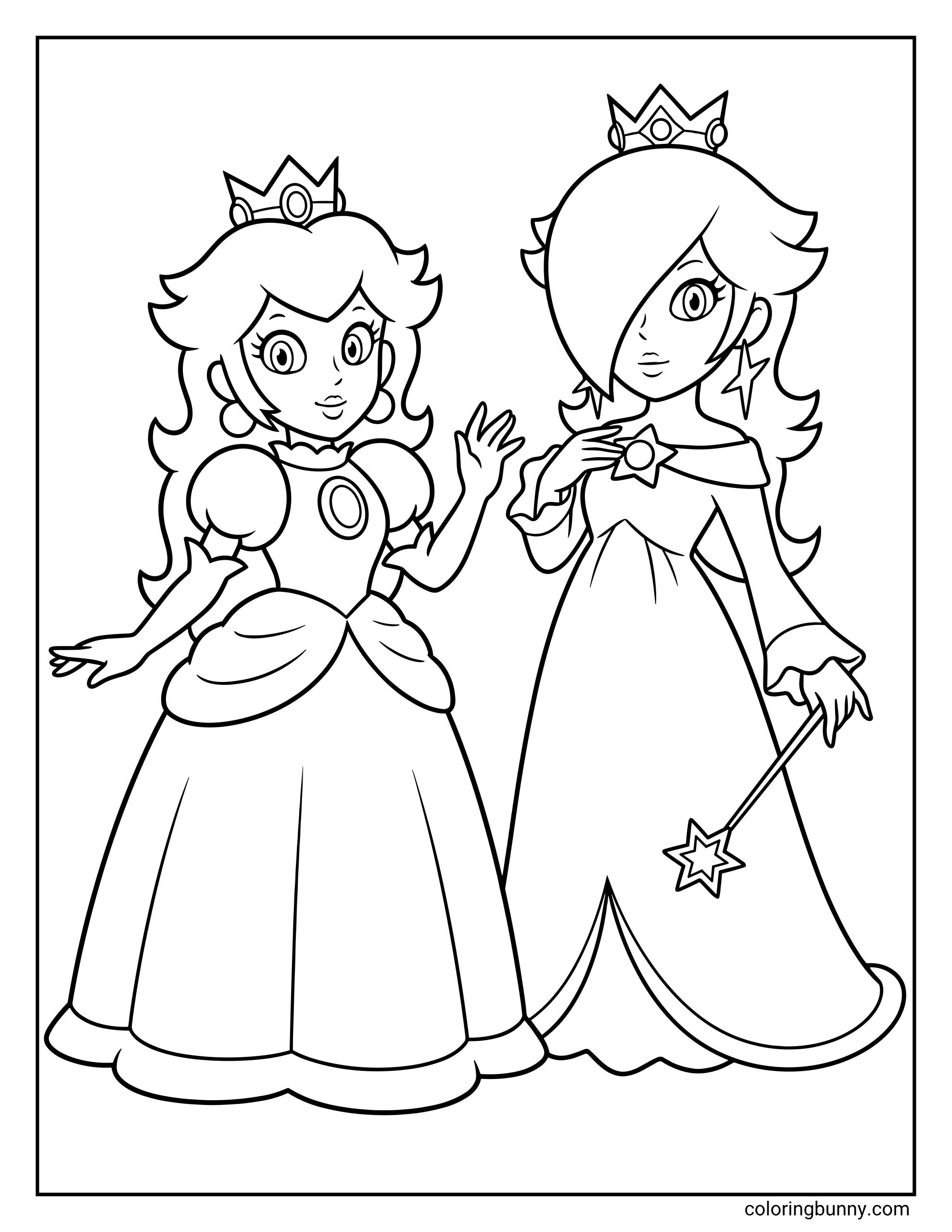 Princess Peach and Rosalina coloring page showing both princesses wearing crowns, long gowns, and elegant jewelry while posing together.
