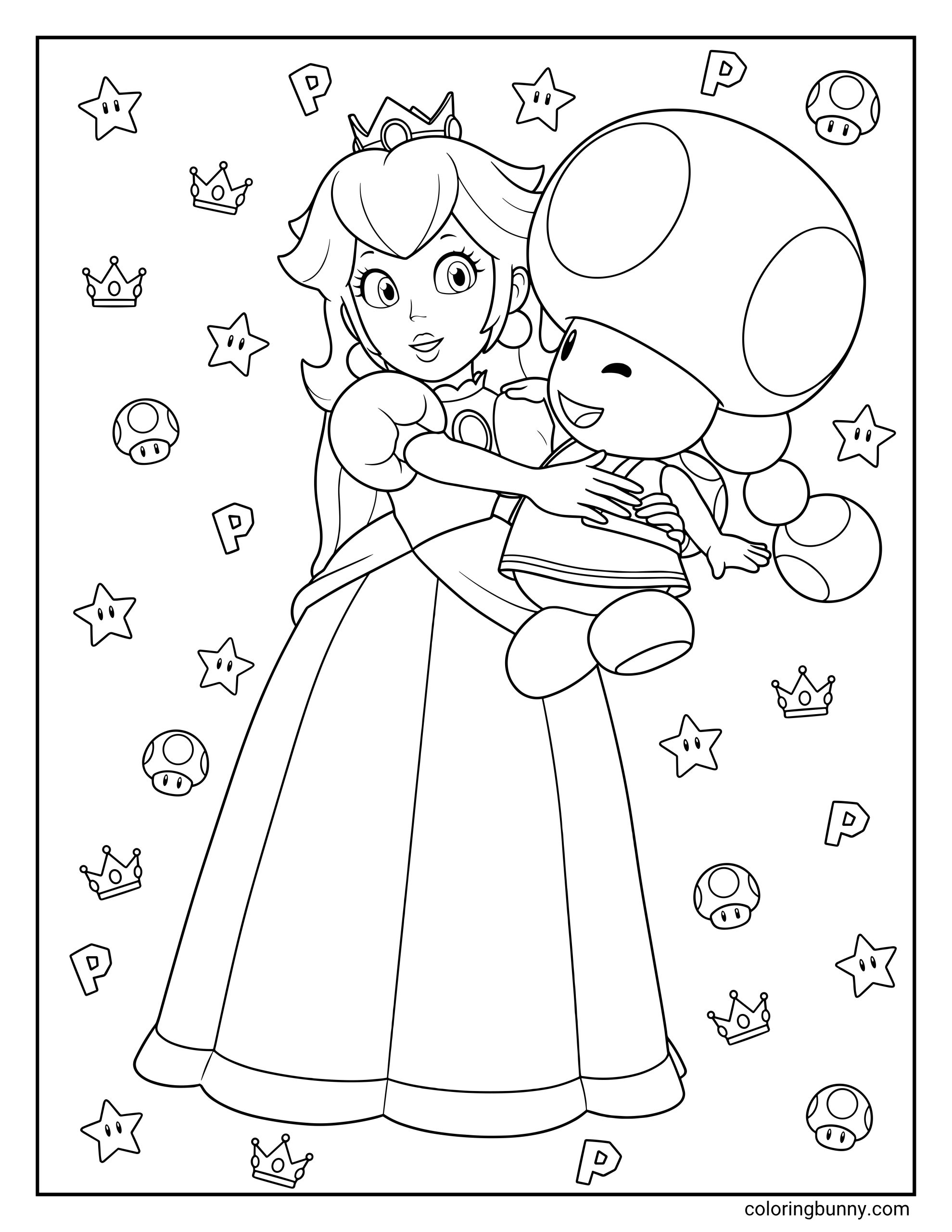 Coloring page of Princess Peach carrying a cheerful Toad character, with stars, crowns, mushrooms, and P letters scattered around the scene.