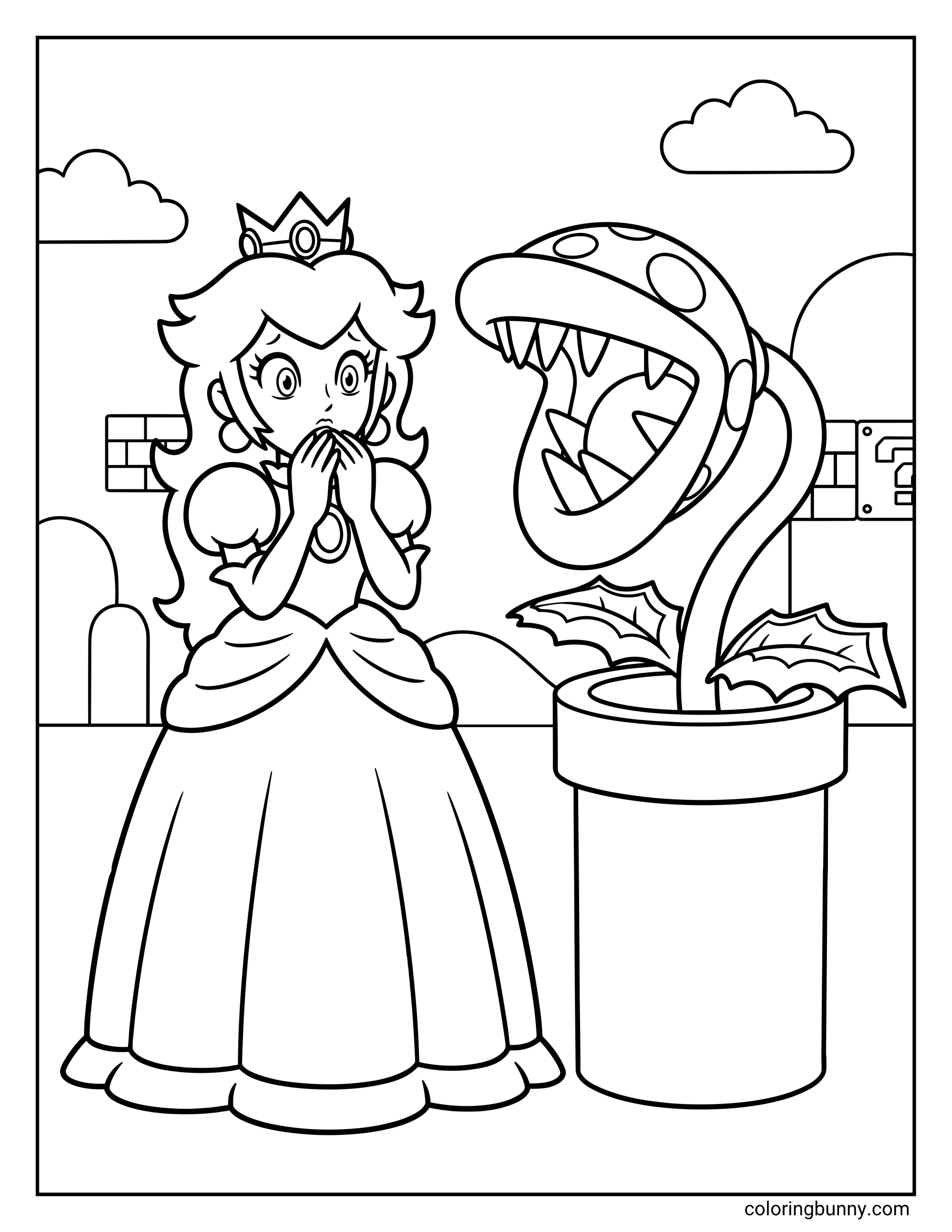 Princess Peach coloring page showing Peach looking surprised beside a large Piranha Plant growing from a pipe.