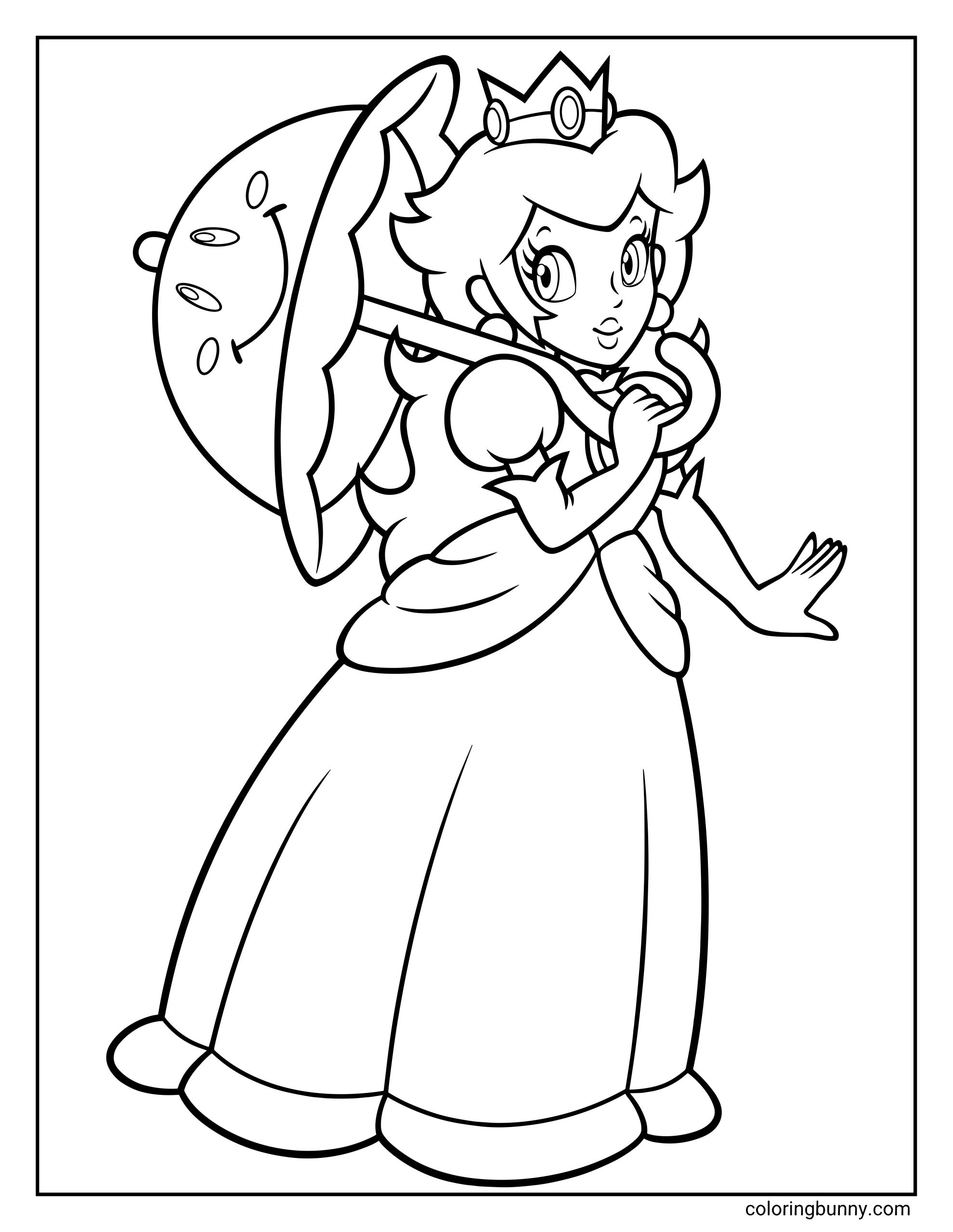 Coloring page of Princess Peach posing with a decorative umbrella over her shoulder, with her long dress, crown, gloves, earrings, and flowing hair.