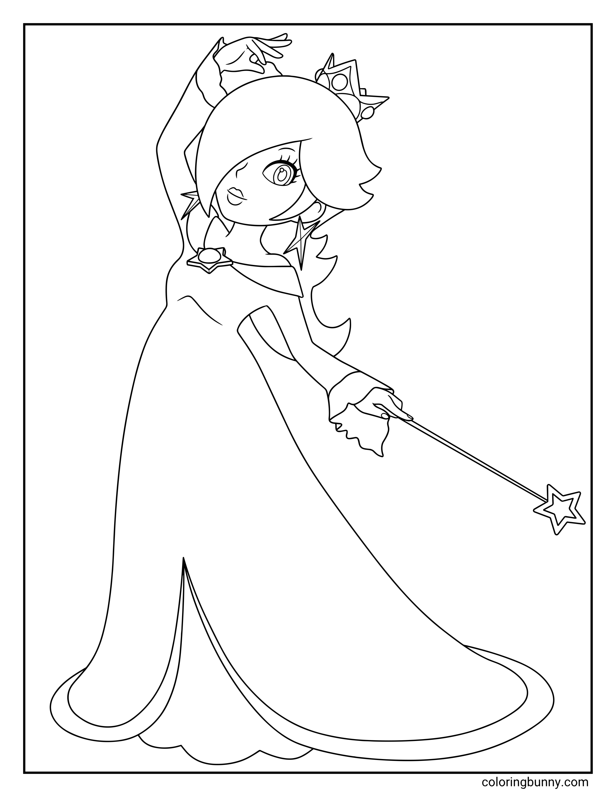 Coloring page of Princess Rosalina from the Mario universe, showing her crown, side-swept hair, star earring, star brooch, long gown, and wand.