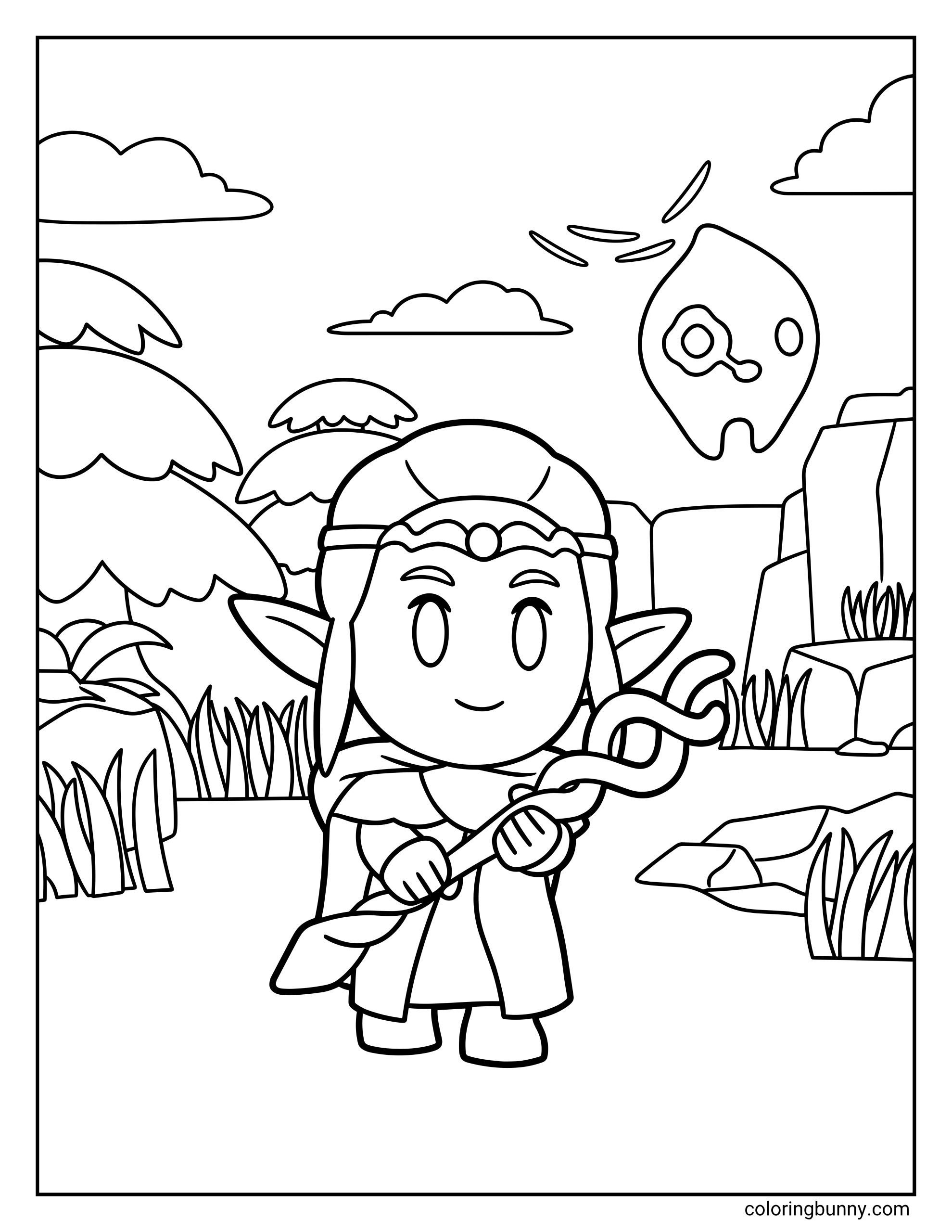 Zelda coloring page featuring Princess Zelda in a Link’s Awakening style world, holding a staff near tropical plants, clouds, stone blocks, and a floating ghost shape.