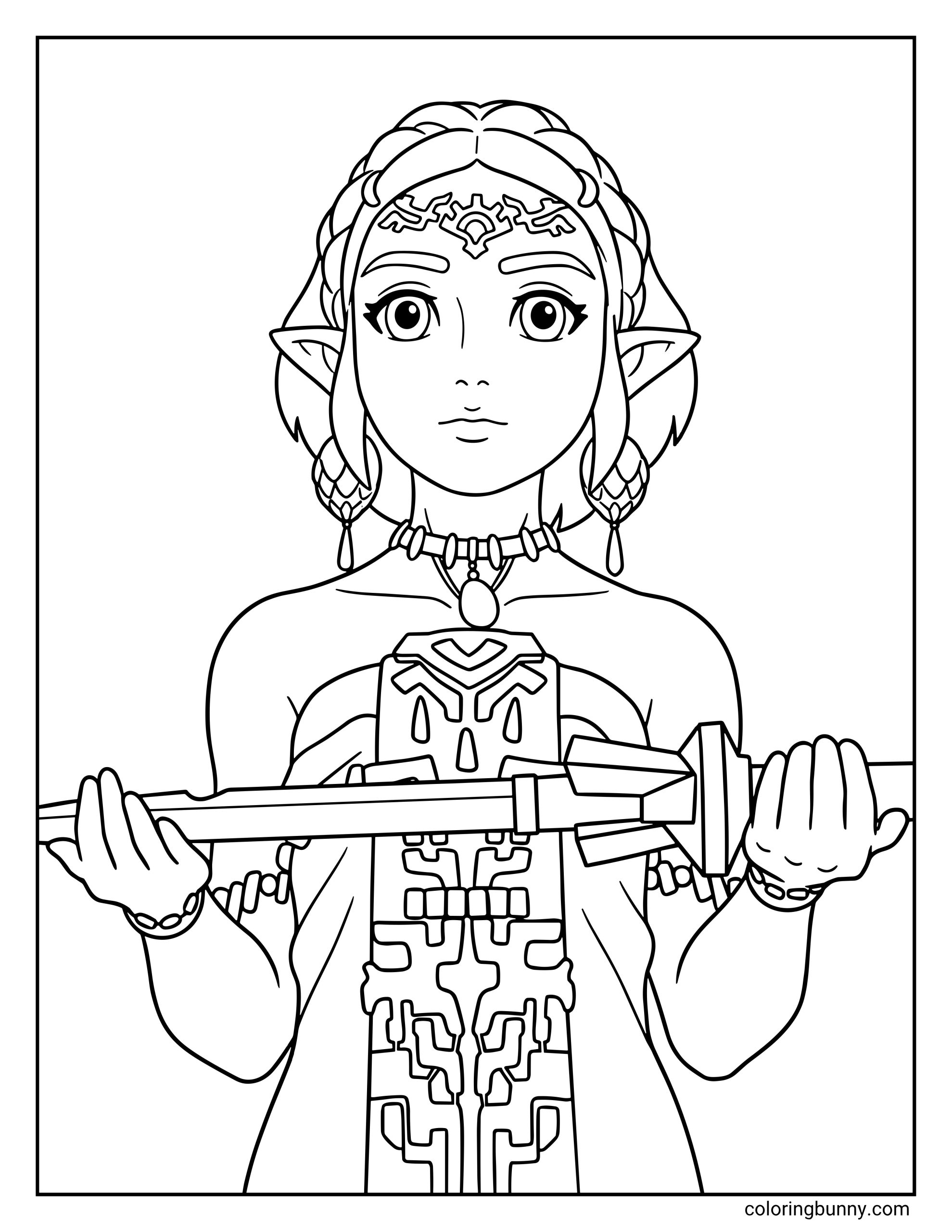 Princess Zelda coloring page featuring the character from Tears of the Kingdom with short hair, holding the Master Sword horizontally with both hands while wearing a detailed royal gown and tiara.