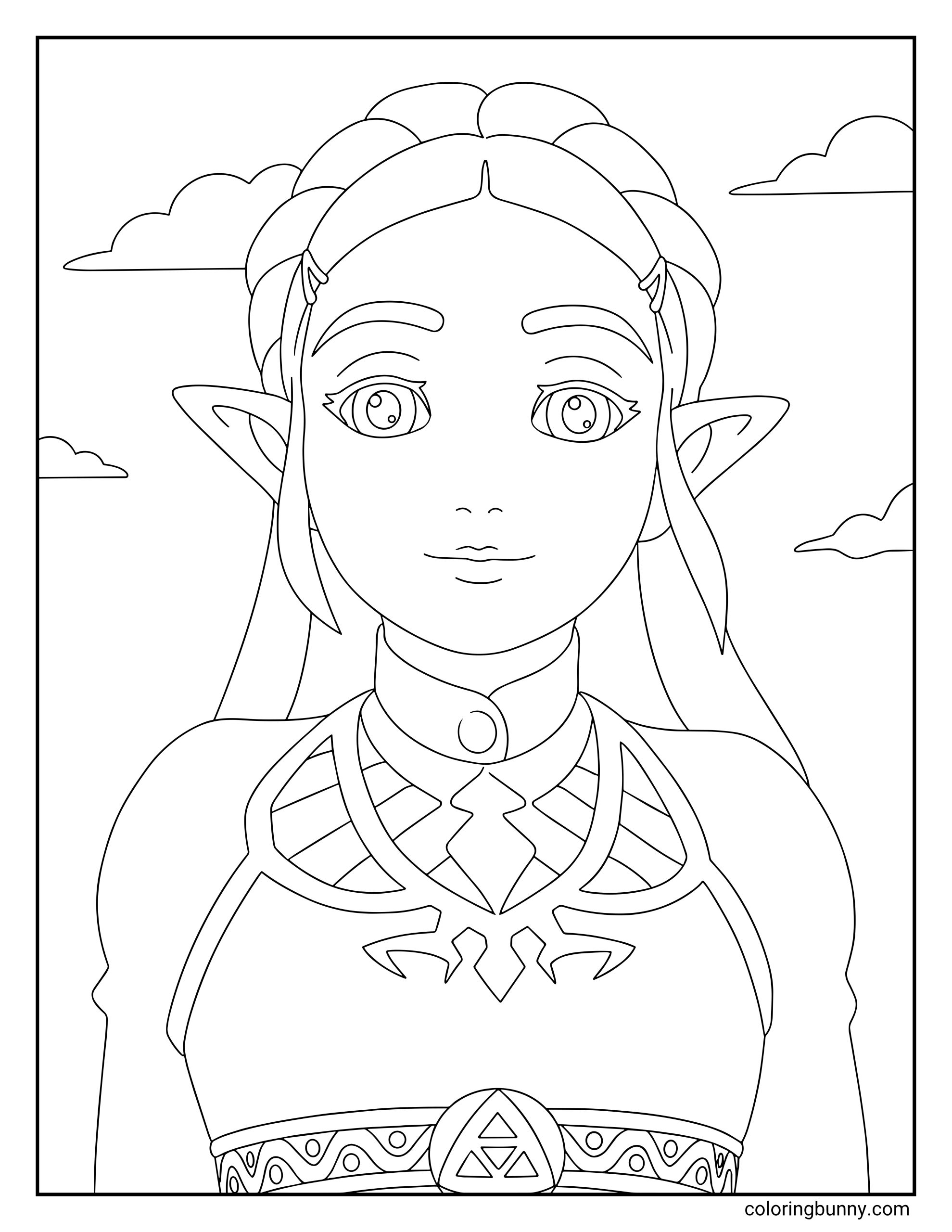 Coloring page of Princess Zelda up close, featuring her gentle face, pointed ears, braided hairstyle, ornate dress collar, necklace details, and Triforce belt emblem.