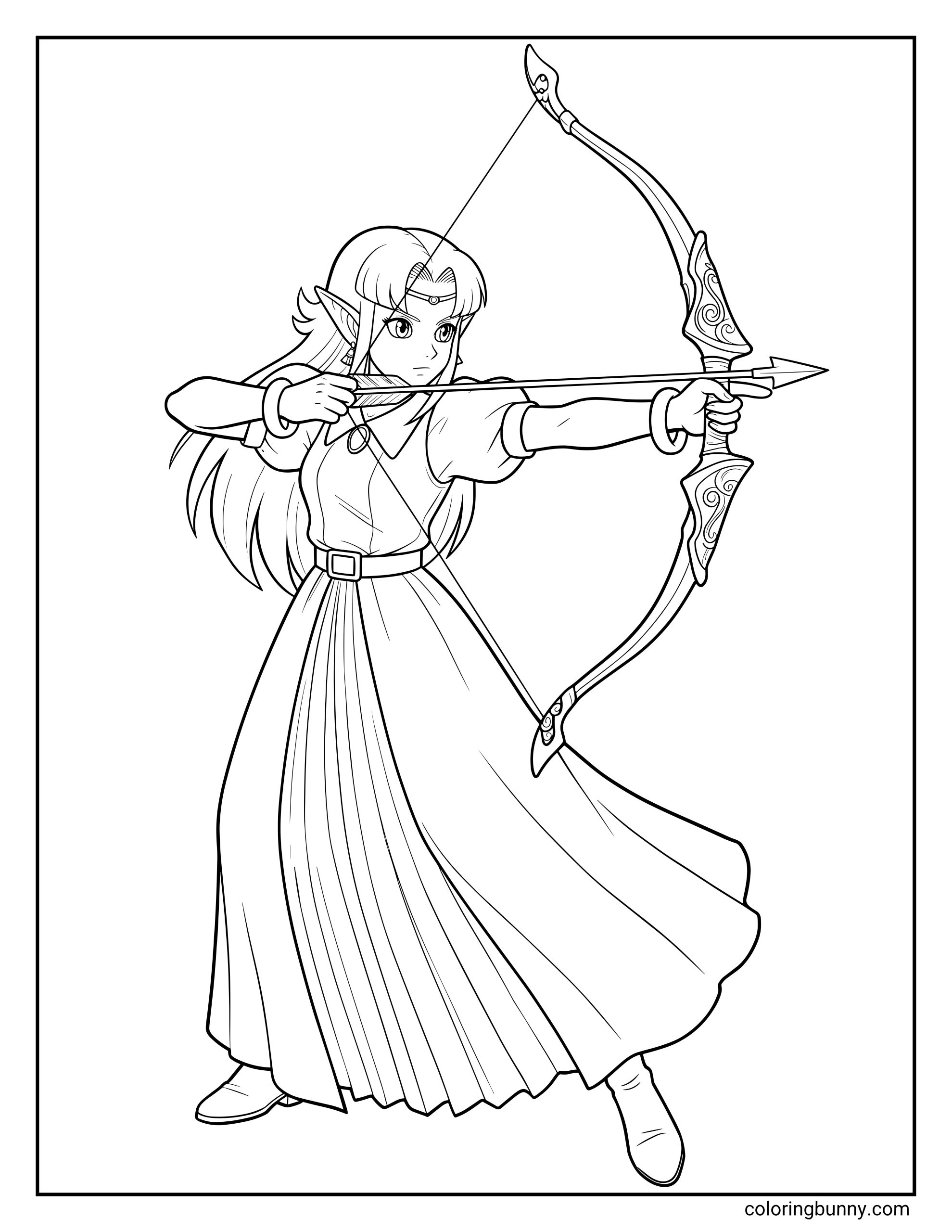 Princess Zelda coloring page showing Zelda aiming a bow and arrow, wearing a long dress, headpiece, bracelets, belt, pointed ears, and flowing hair.