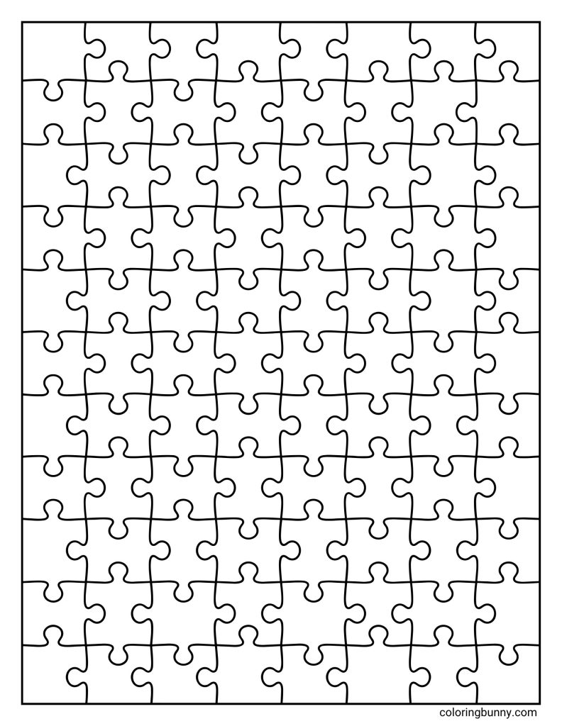 Puzzle piece pattern coloring page with a full-page grid of interlocking puzzle shapes arranged in neat repeating rows and columns.