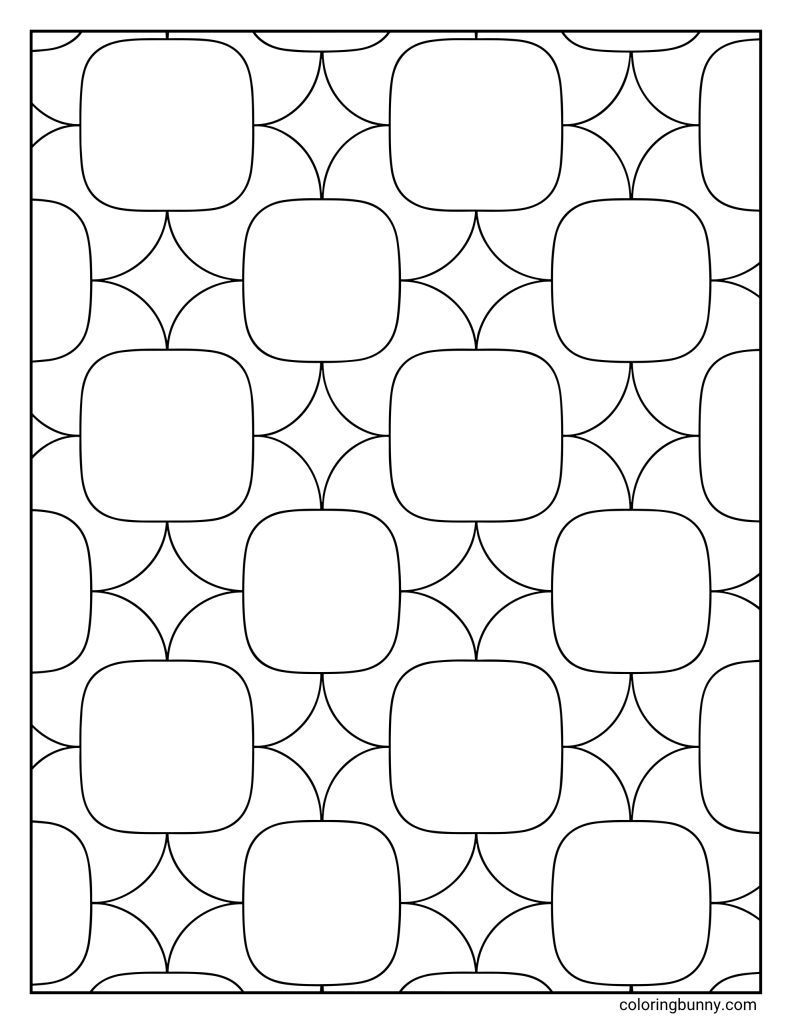 Quatrefoil geometric pattern coloring page featuring a repeating layout of large rounded squares arranged in offset rows, with curved quarter-circle shapes between them that form four-pointed quatrefoil spaces throughout the design.