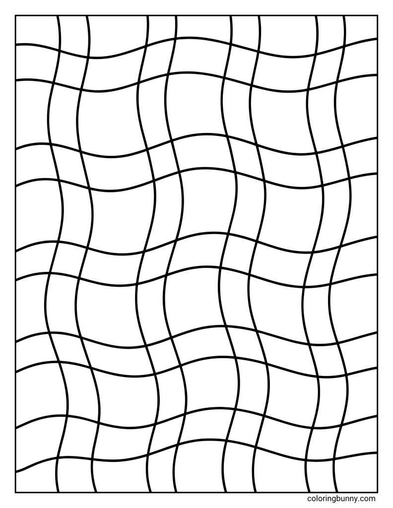 Quilt pattern coloring page featuring wavy vertical and horizontal lines that create a flowing grid of uneven quilt-like squares.