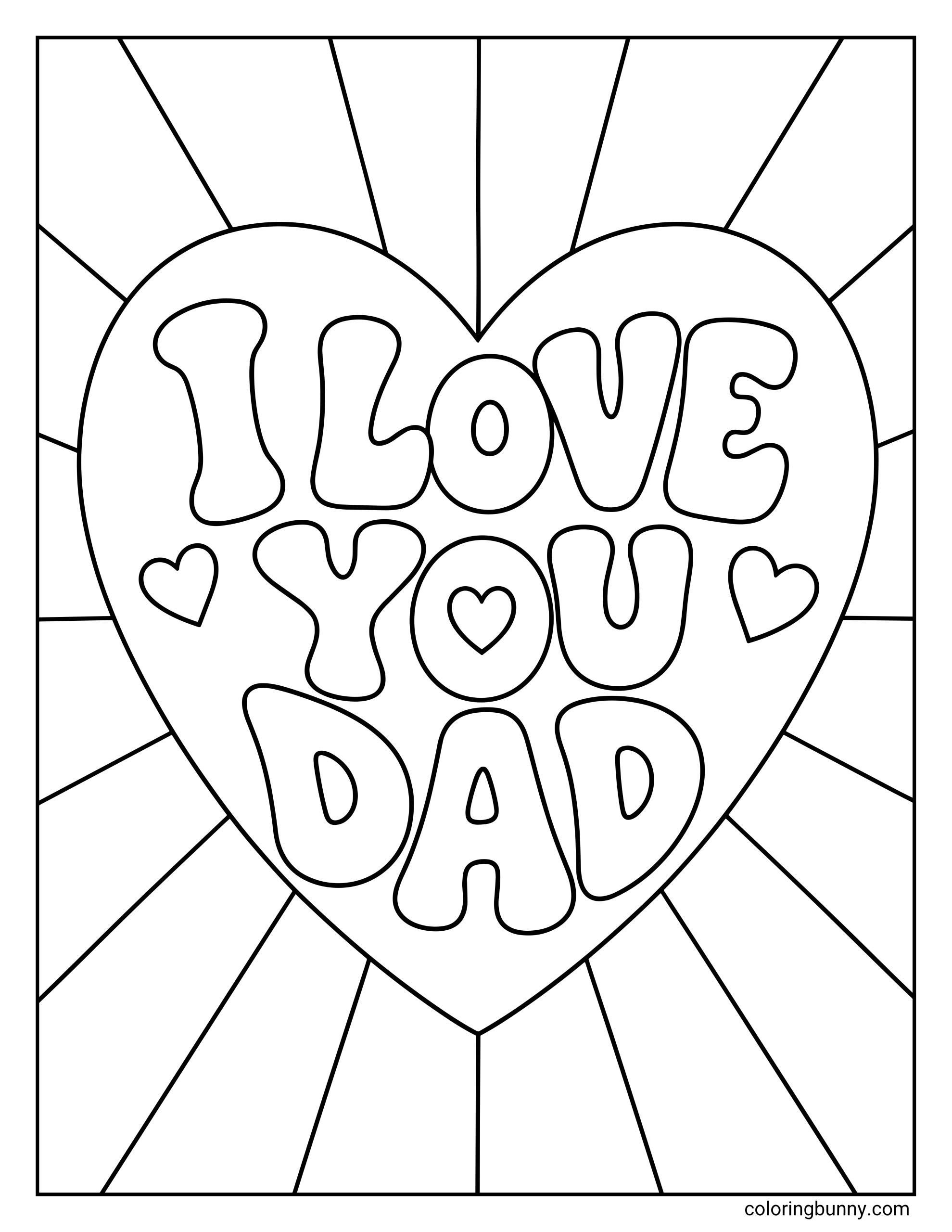 Father’s Day coloring page with the words “I Love You Dad” inside a large heart. Two small hearts sit beside the text, and wide radiating lines spread out behind the heart