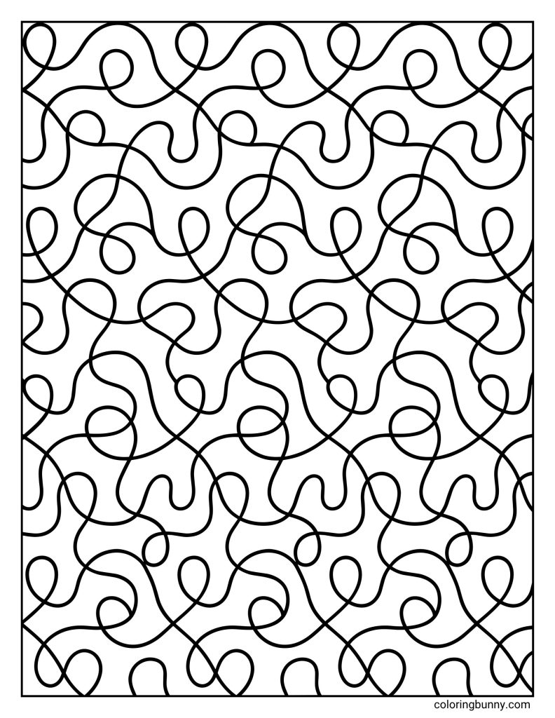 Random string lines pattern coloring page featuring looping, curling lines repeated across the whole design in an abstract tangled layout.
