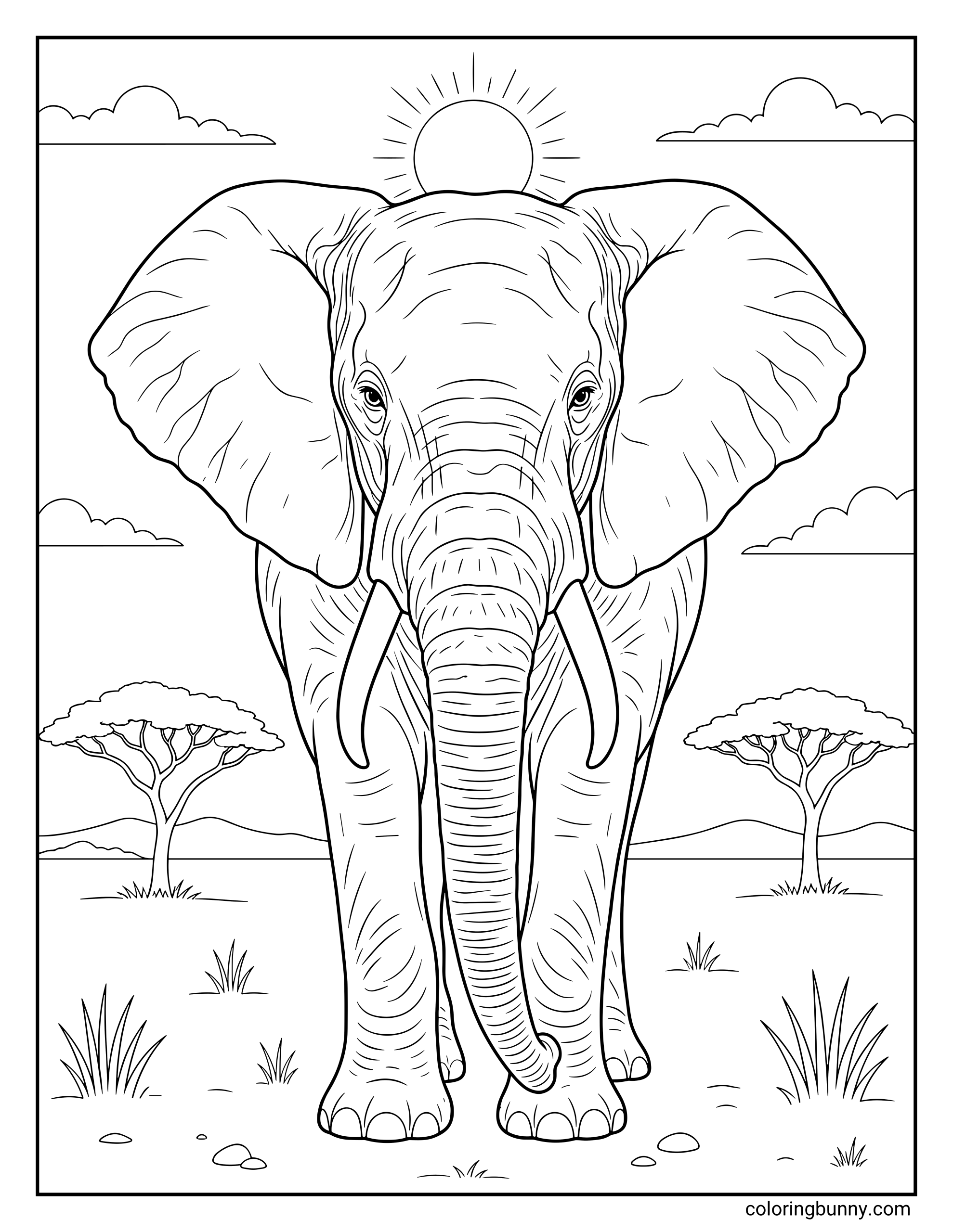 A detailed, front-facing coloring page of a grand African elephant walking forward with ears spread wide, positioned symmetrically under a bright sun with acacia trees on either side.