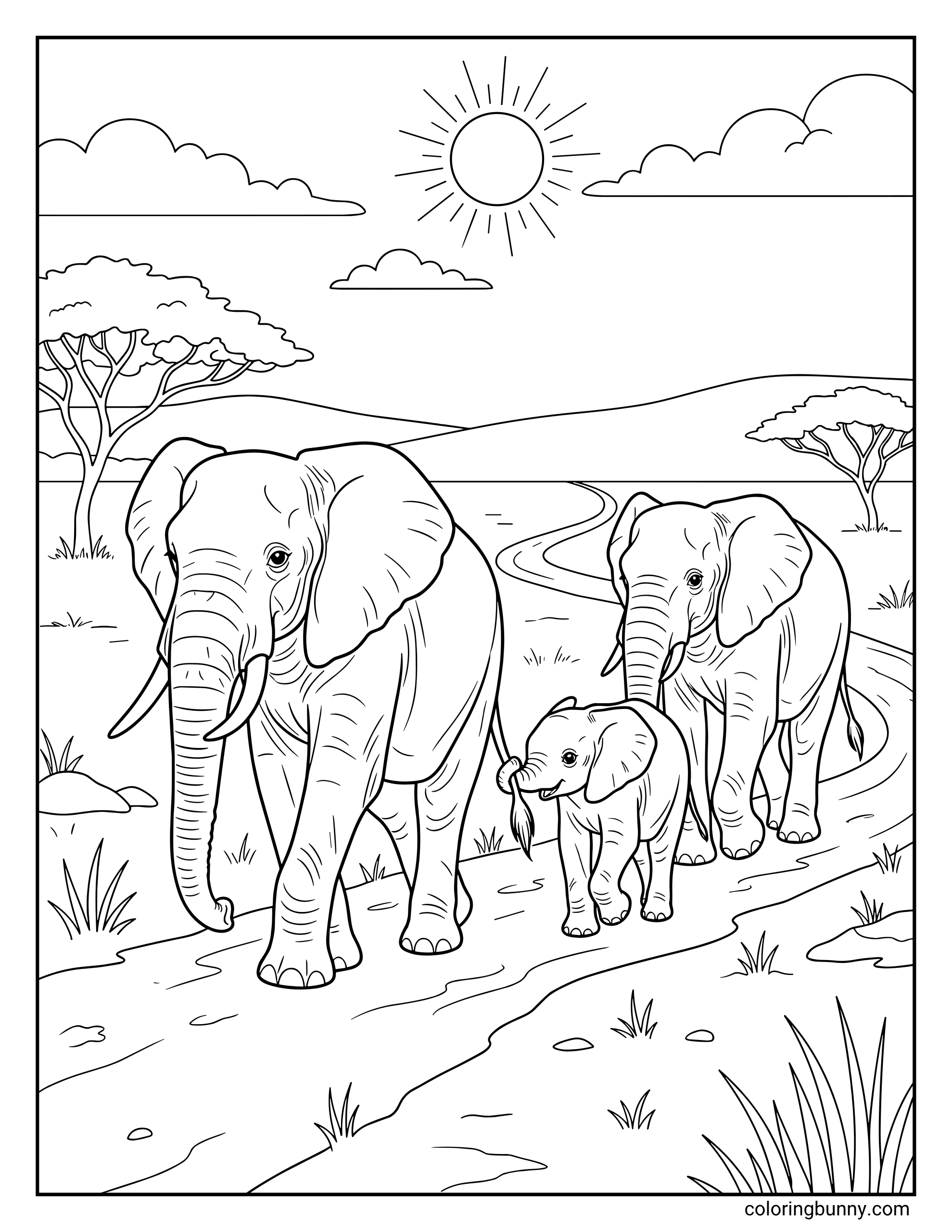 A realistic elephant family coloring page showing three elephants walking down a dirt path on the sunny African savanna with acacia trees in the background.