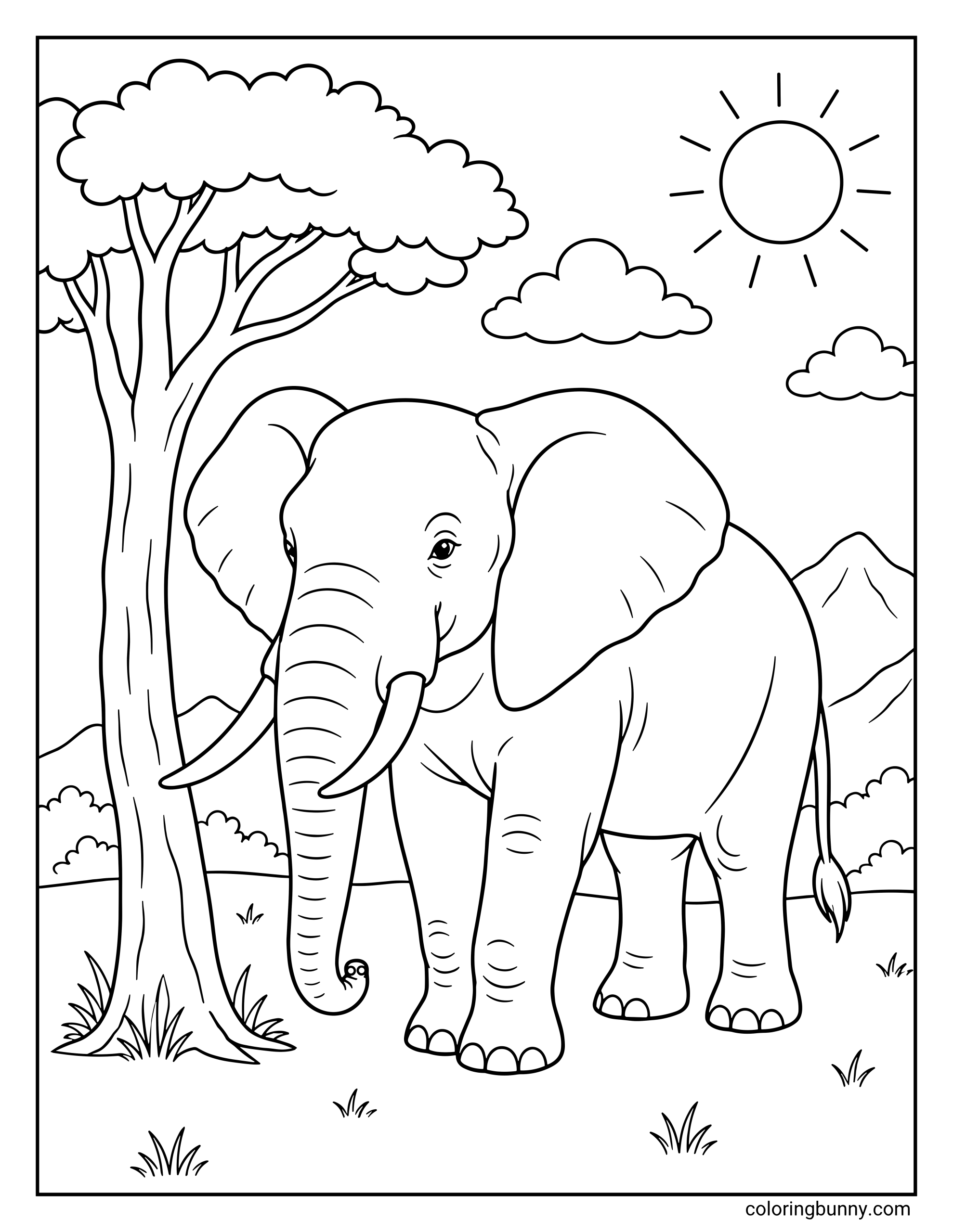 A realistic coloring page of a large African elephant standing near a leafy acacia tree on a sunny day with clouds, mountains, and patches of grass in the background.