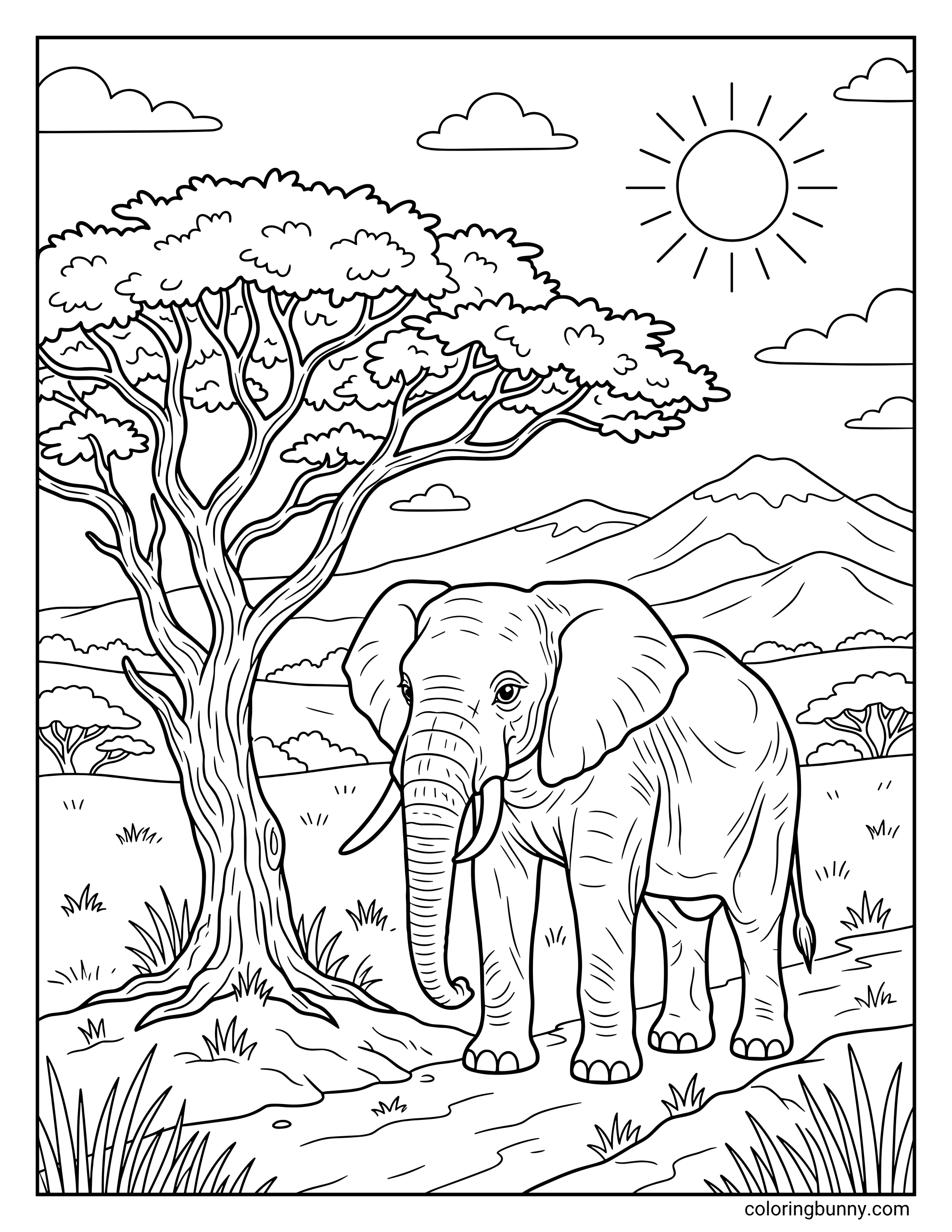 A detailed coloring page of an elephant walking down a winding dirt path next to a large acacia tree, with a bright sun, mountains, and smaller trees in the distance.