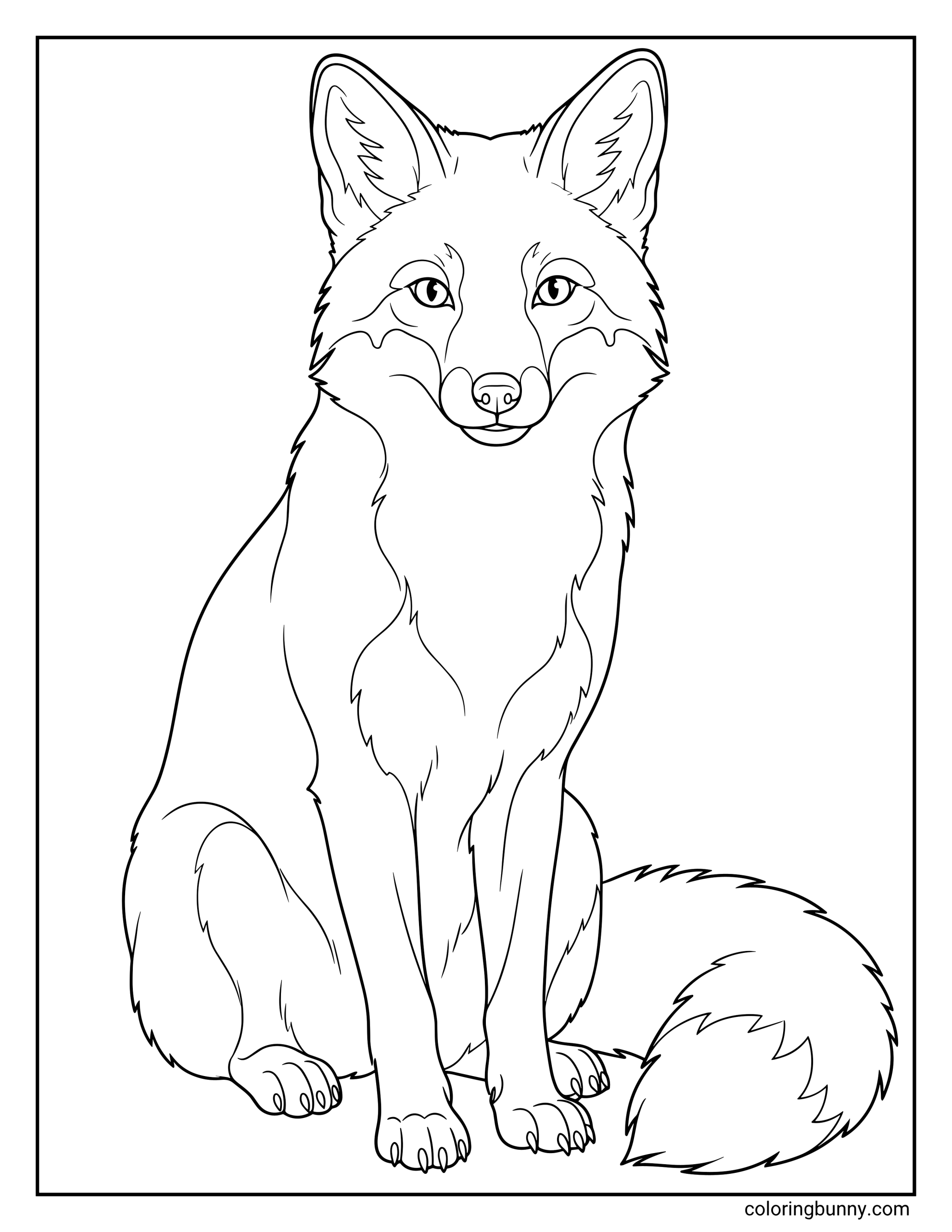 A realistic fox coloring page featuring a detailed, majestic fox sitting down calmly and facing directly forward, set against a plain background.