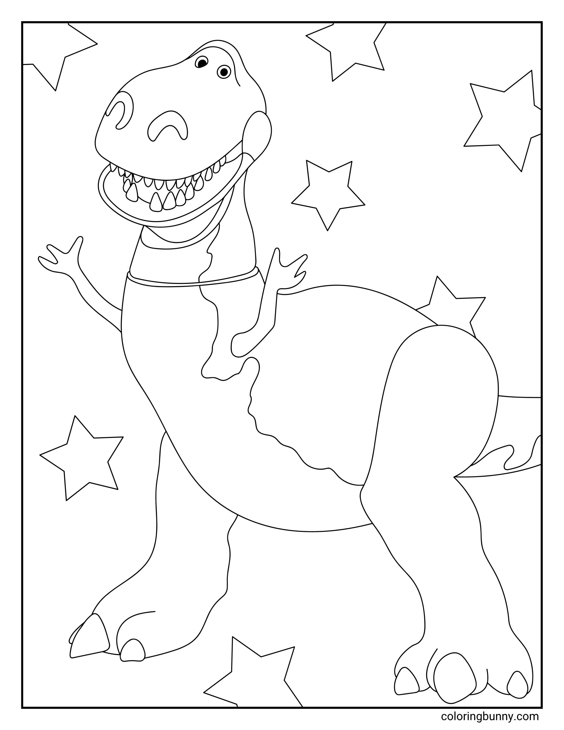 A coloring page of Rex from Toy Story displaying a clean black and white outline illustration of the friendly dinosaur standing with a wide grin, tiny arms raised, and stars scattered around him.