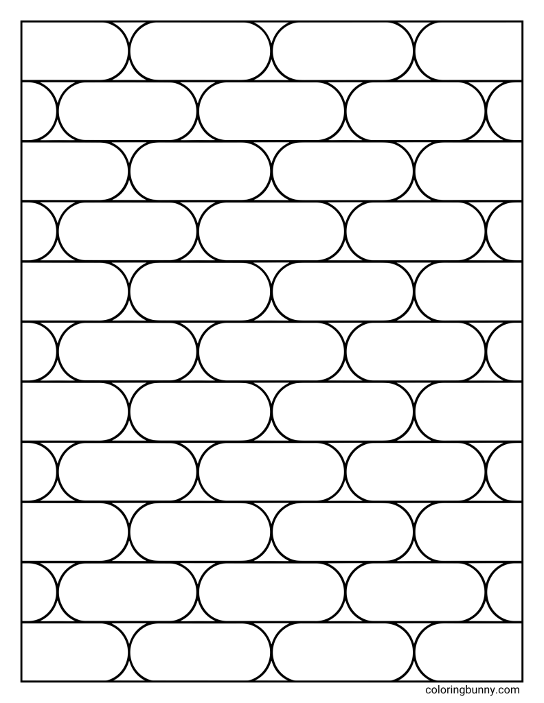 Rounded brick pattern coloring page featuring rows of long rounded rectangles arranged like bricks, with alternating offsets and clean horizontal lines inside a simple border.