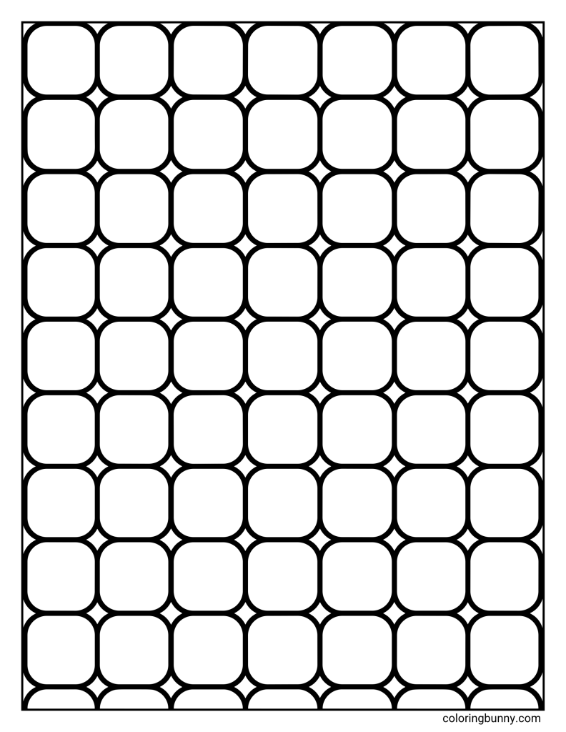 Rounded square grid pattern coloring page featuring rows of rounded squares with small diamond-shaped spaces between them.