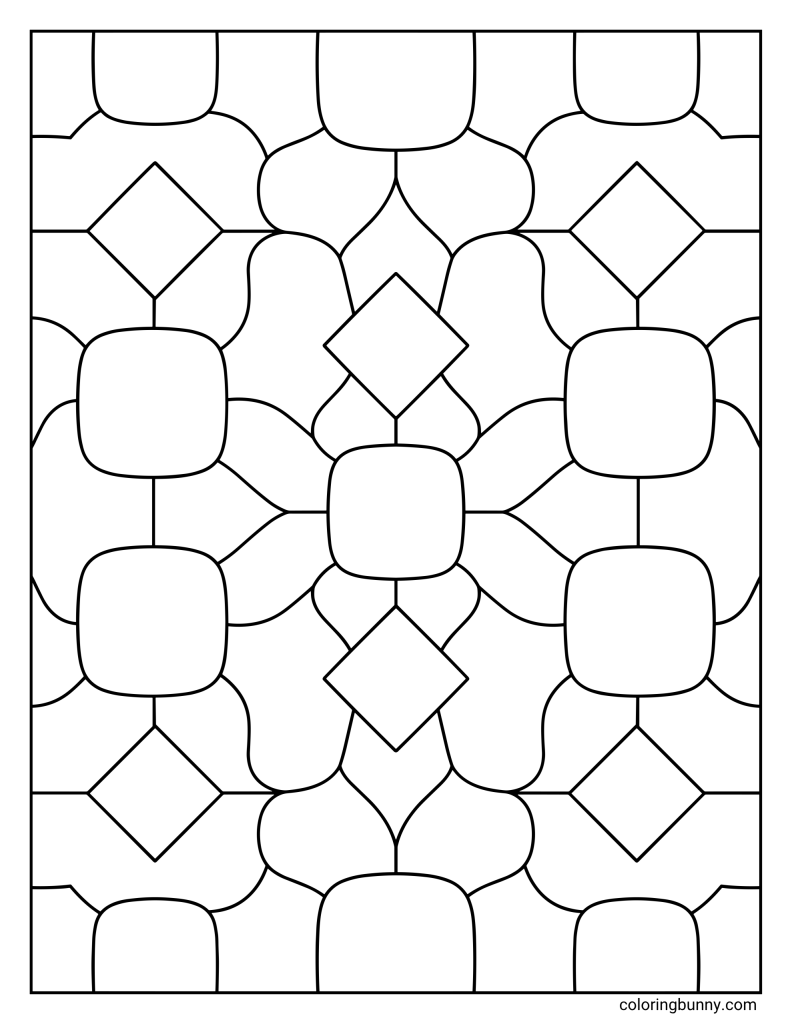 Soft blocks and diamonds coloring page featuring large rounded square shapes, centered diamond accents, curved connector forms, and a symmetrical layout that repeats from top to bottom.