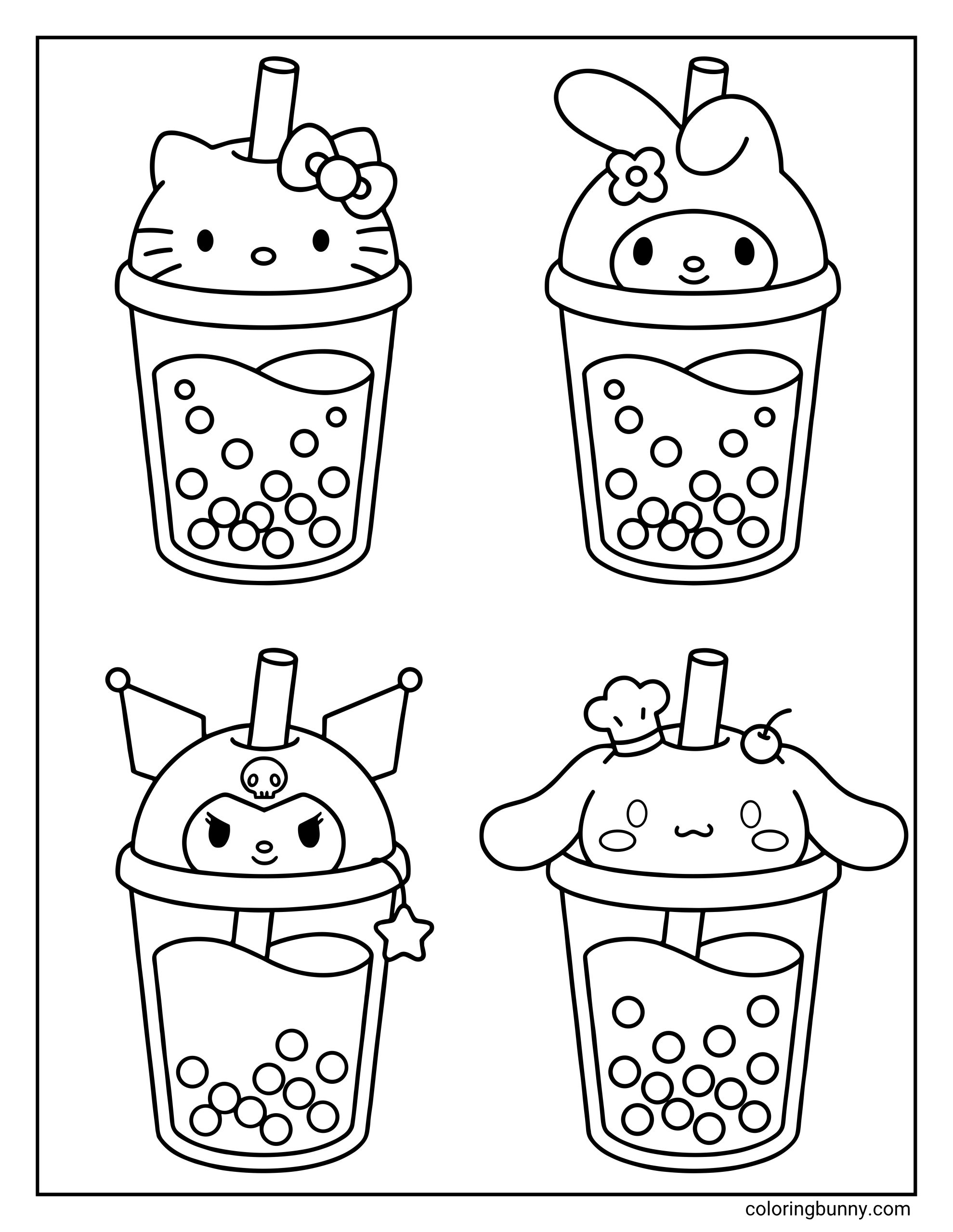 Sanrio boba tea coloring page featuring four boba tea cups arranged in a grid, each topped with a different cute character inspired by Hello Kitty, My Melody, Kuromi, and Cinnamoroll, with straws and round boba pearls inside each drink.
