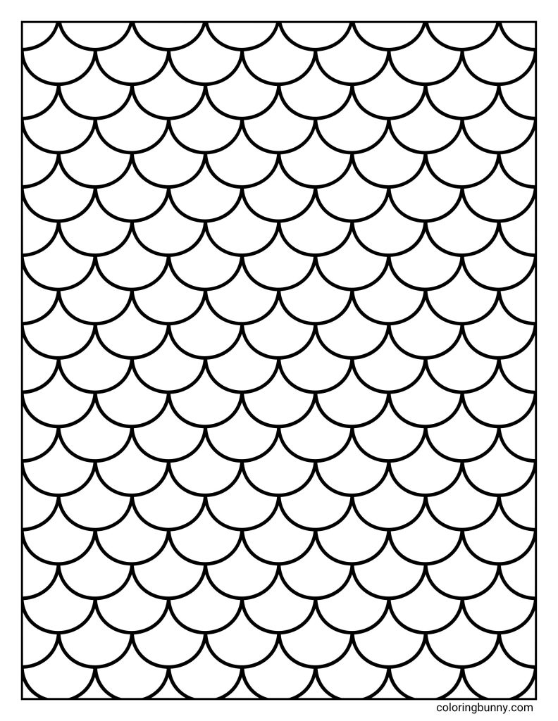 Scallop scale pattern coloring page featuring repeating rows of overlapping half-circle shapes arranged like fish scales or mermaid scales.