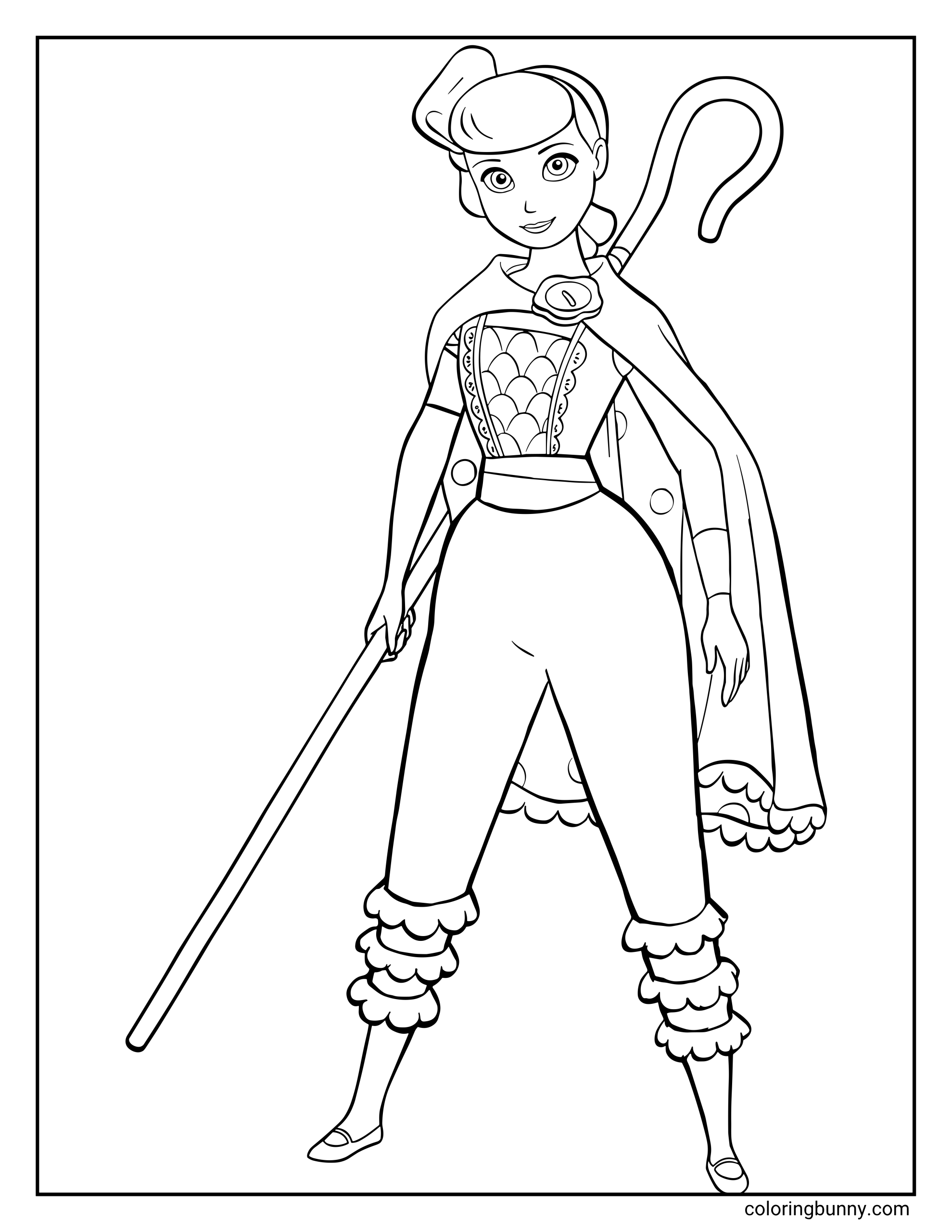 Bo Peep Toy Story coloring sheet featuring the character in a full standing view with her long staff, shoulder cape, detailed top panel, cinched waist, tapered pants, and soft ruffle trim near the ankles.