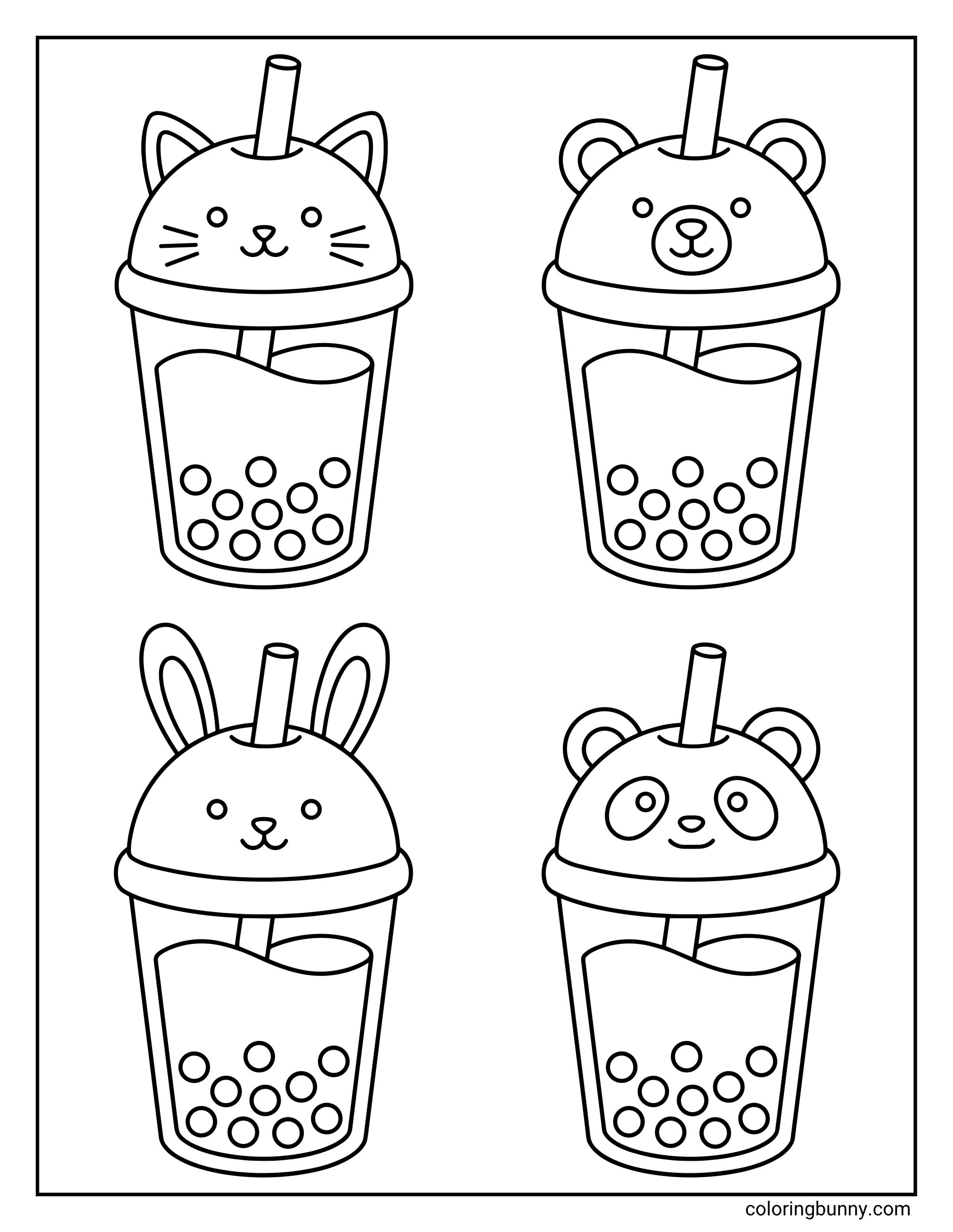 Boba tea coloring page featuring four simple bubble tea cups arranged in a grid, each topped with a different animal face including a cat, bear, bunny, and panda, with straws and round tapioca pearls at the bottom.