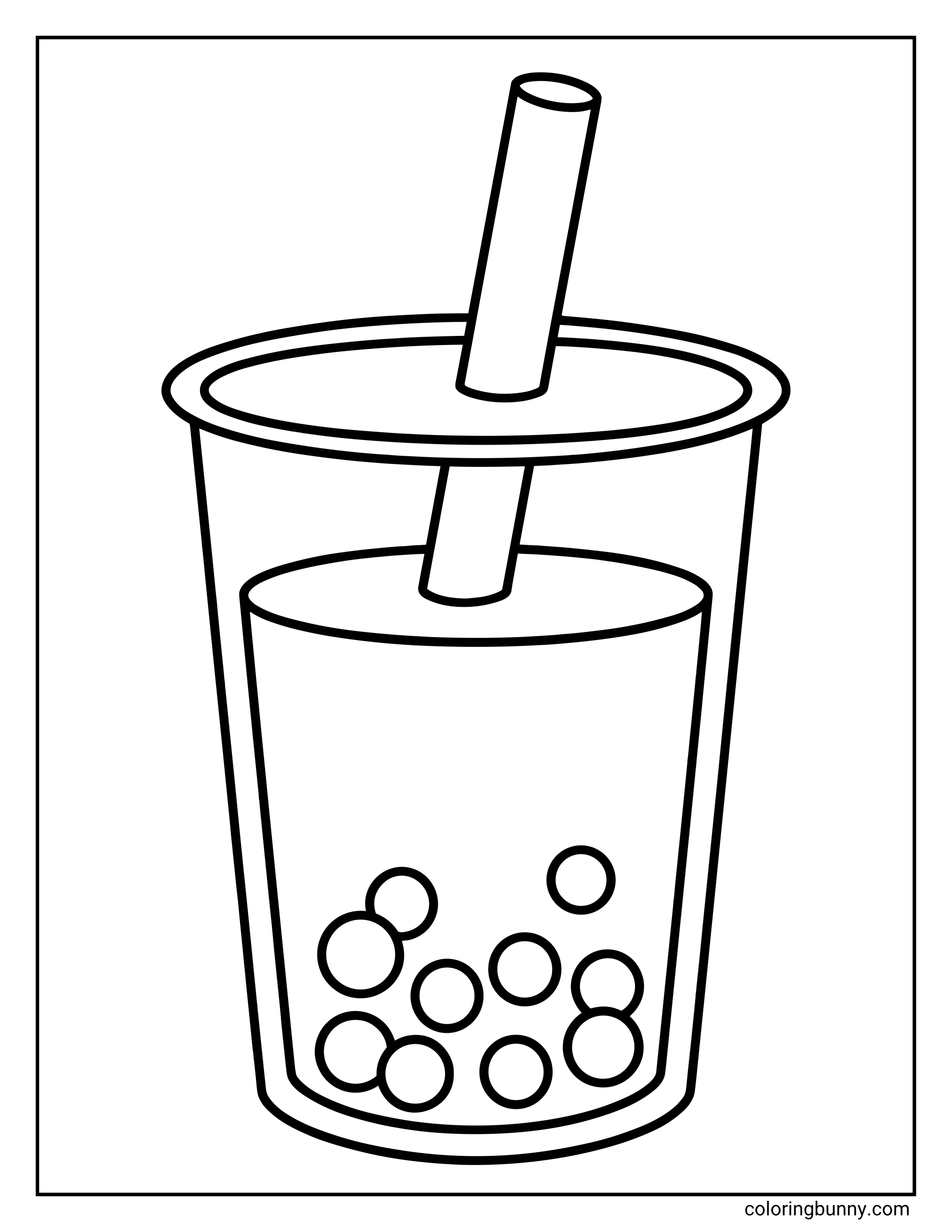 Easy boba tea coloring sheet showing a clear cup with a sealed lid, thick straw, and boba pearls clustered near the base.