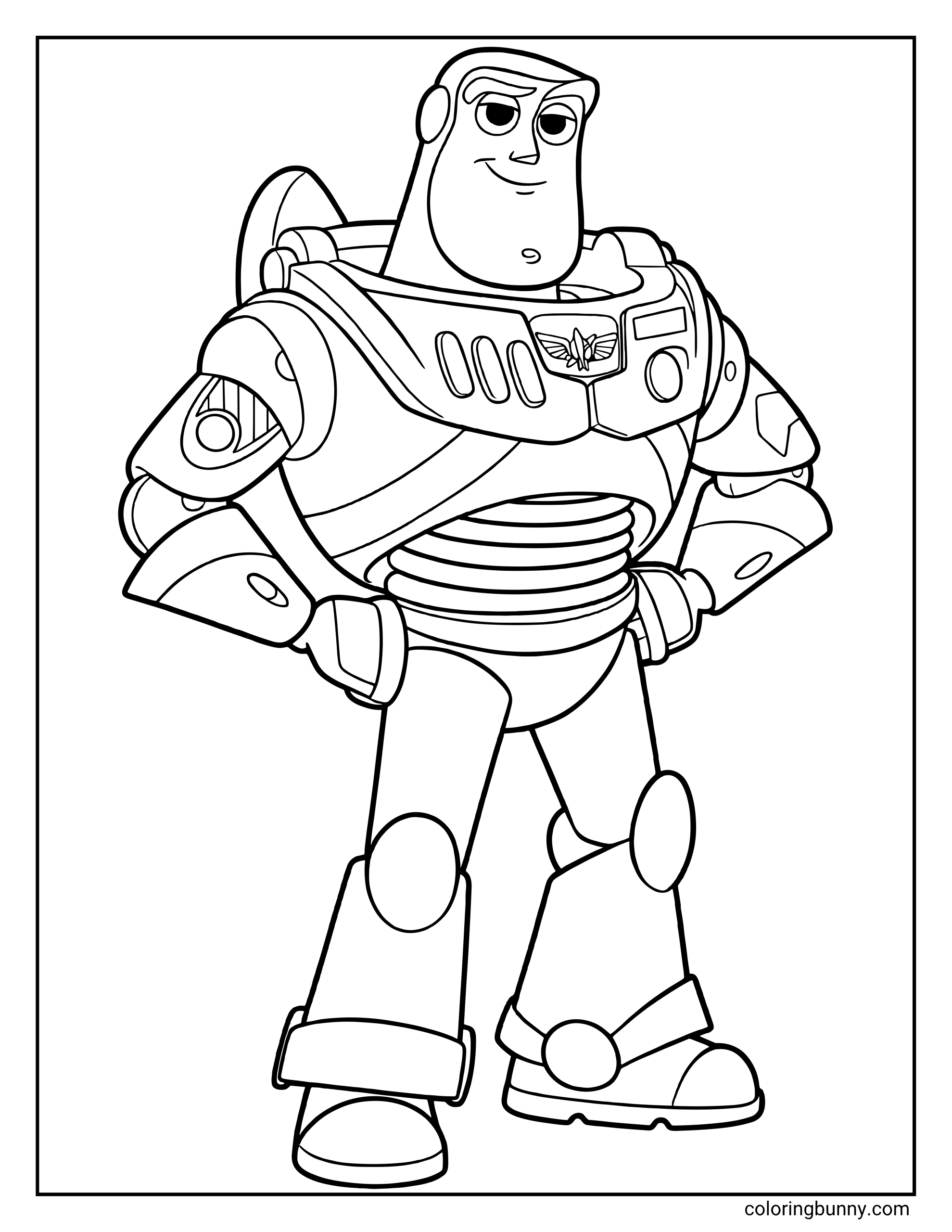 Coloring page of Buzz Lightyear from Toy Story displaying a clean black and white outline illustration of the iconic character smiling with a confident expression.