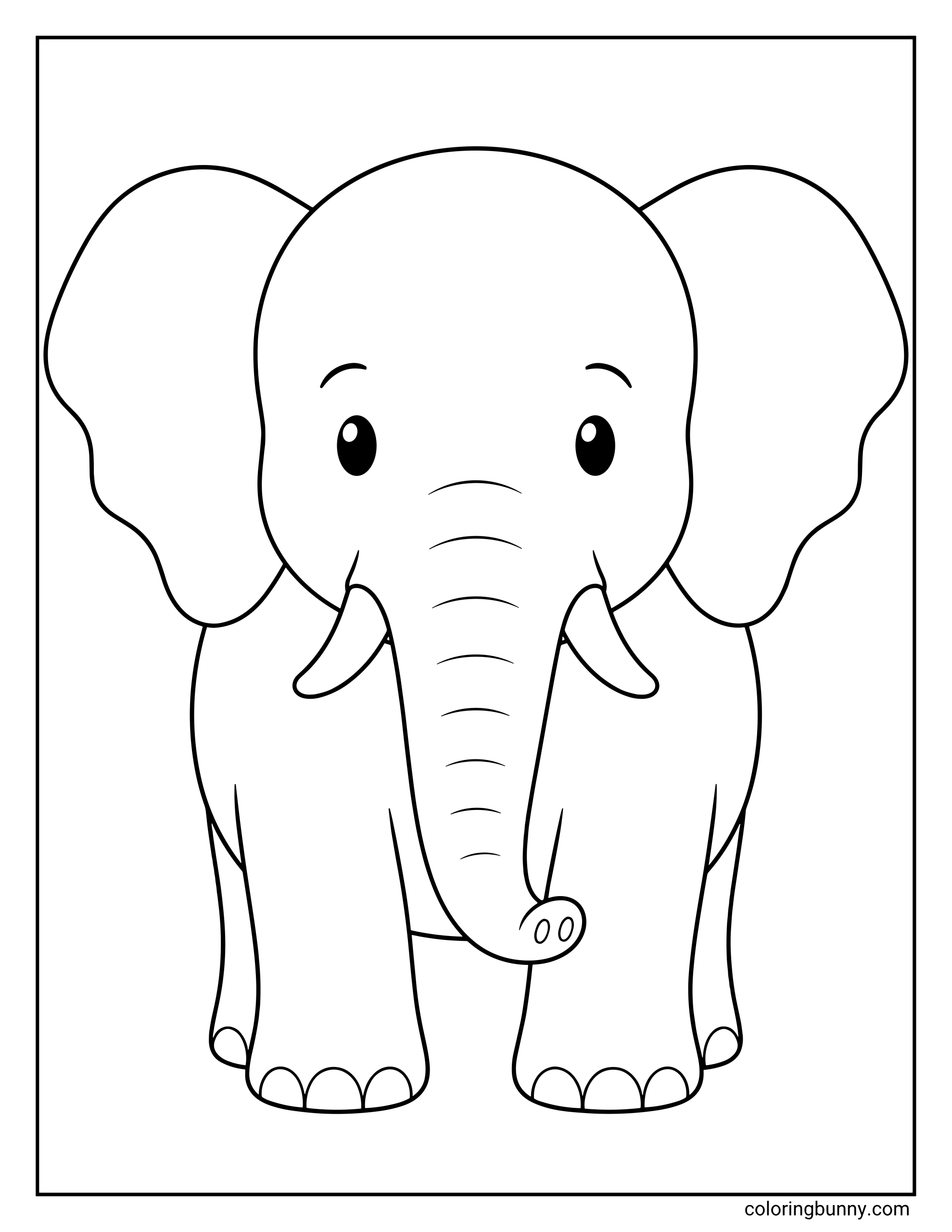 An easy, front-facing simple elephant coloring page. The page features a cute cartoon elephant standing forward with large round ears, small tusks, and a gentle expression.