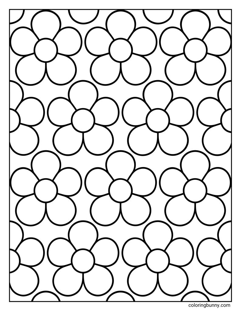 Simple flower pattern coloring page featuring large repeating five-petal flowers with round centers arranged in neat rows.