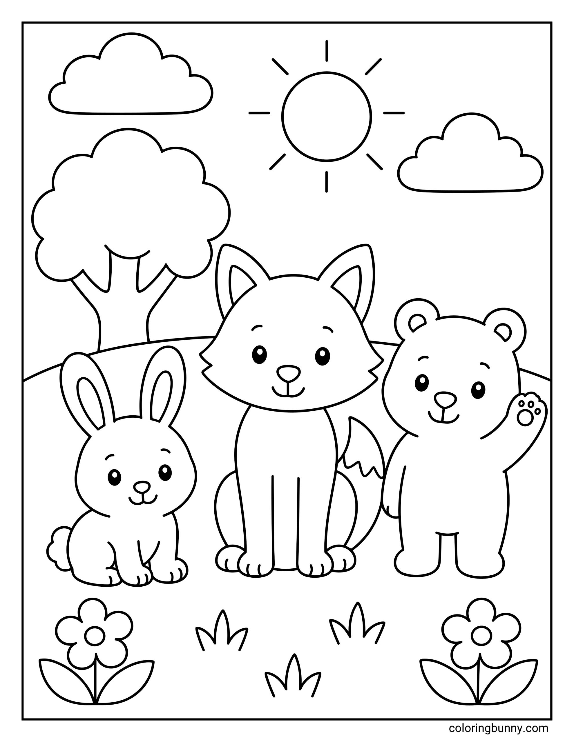 A simple fox and friends coloring page featuring a cute fox sitting on a grassy hill alongside a small rabbit and a waving baby bear under a sunny sky with clouds.