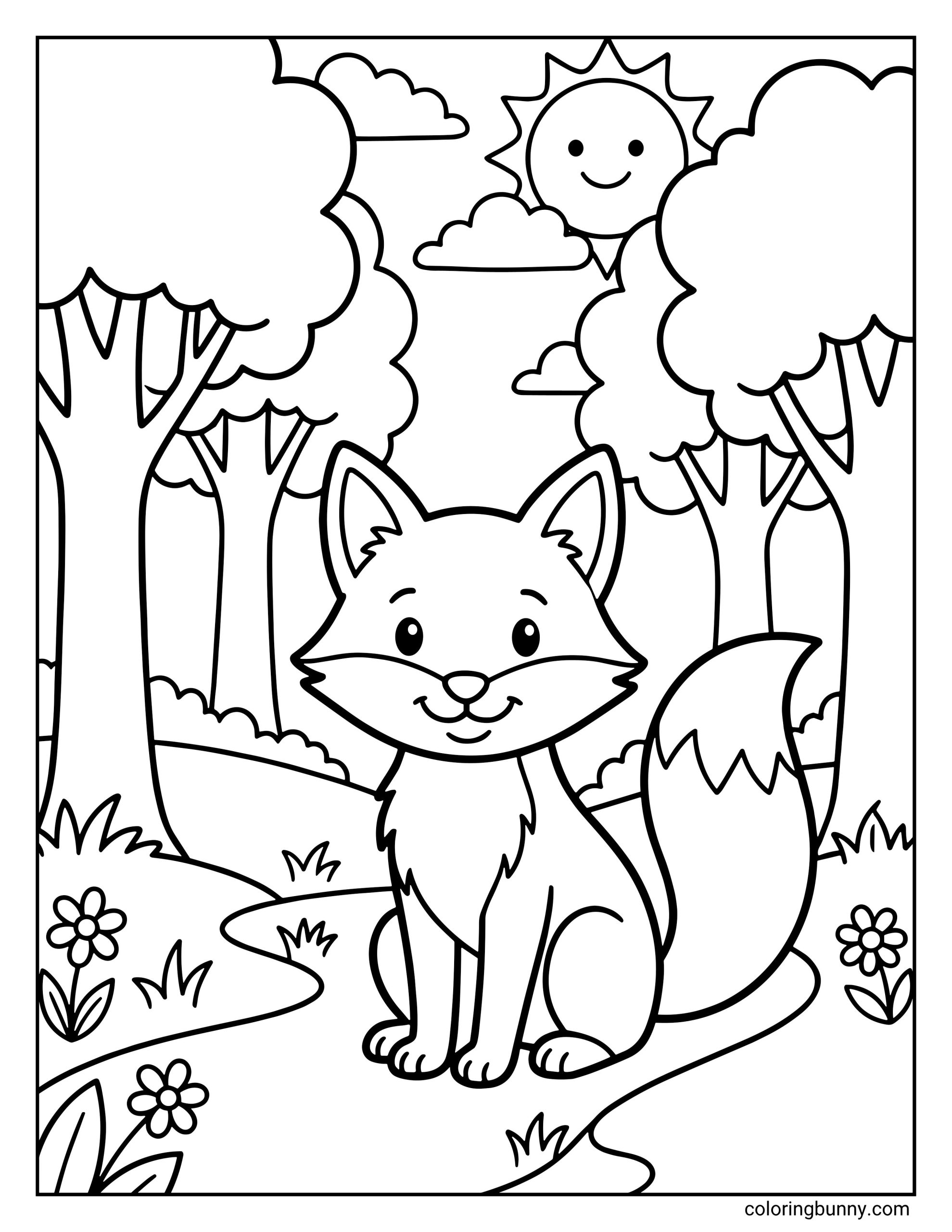 A simple fox in nature coloring page featuring a cute, smiling fox sitting on a winding path in a sunny forest filled with trees, small flowers, and a happy sun with clouds in the sky.