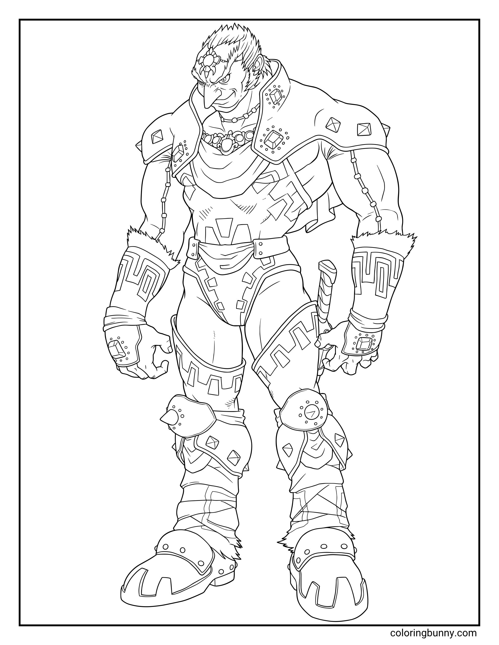 Zelda coloring page of Ganon in a simple standing pose, wearing shoulder armor, decorated bracers, belt pieces, boots, cape, jewelry, and a fierce grin.