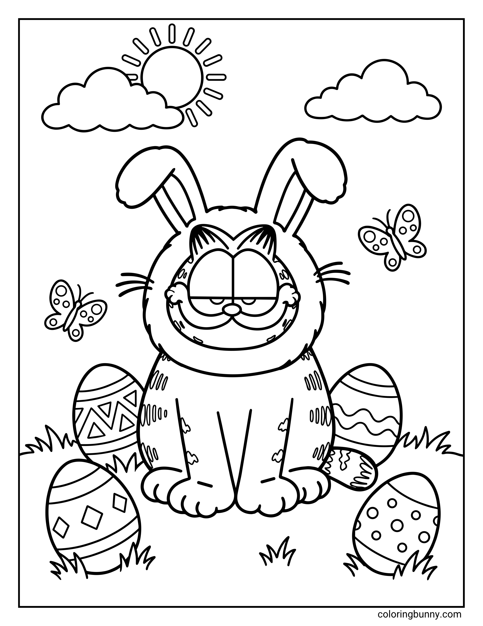 Garfield Easter Coloring Page featuring a line illustration of Garfield the cat sitting on the grass wearing a fuzzy bunny ear hood, holding a small egg.