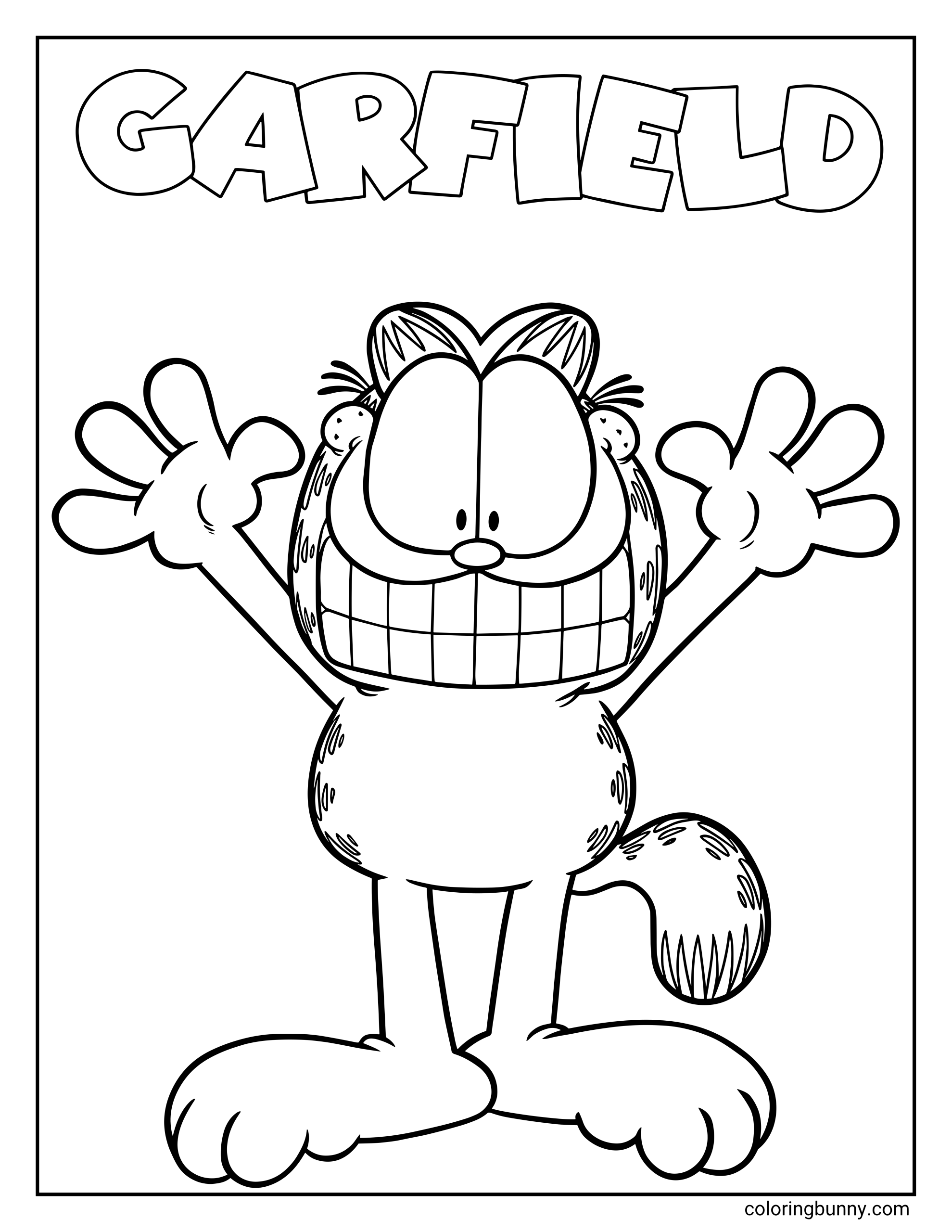 Coloring page of Garfield standing with both arms raised beneath a large “Garfield” logo, with a wide toothy smile, striped fur details, big paws, and a curled tail.
