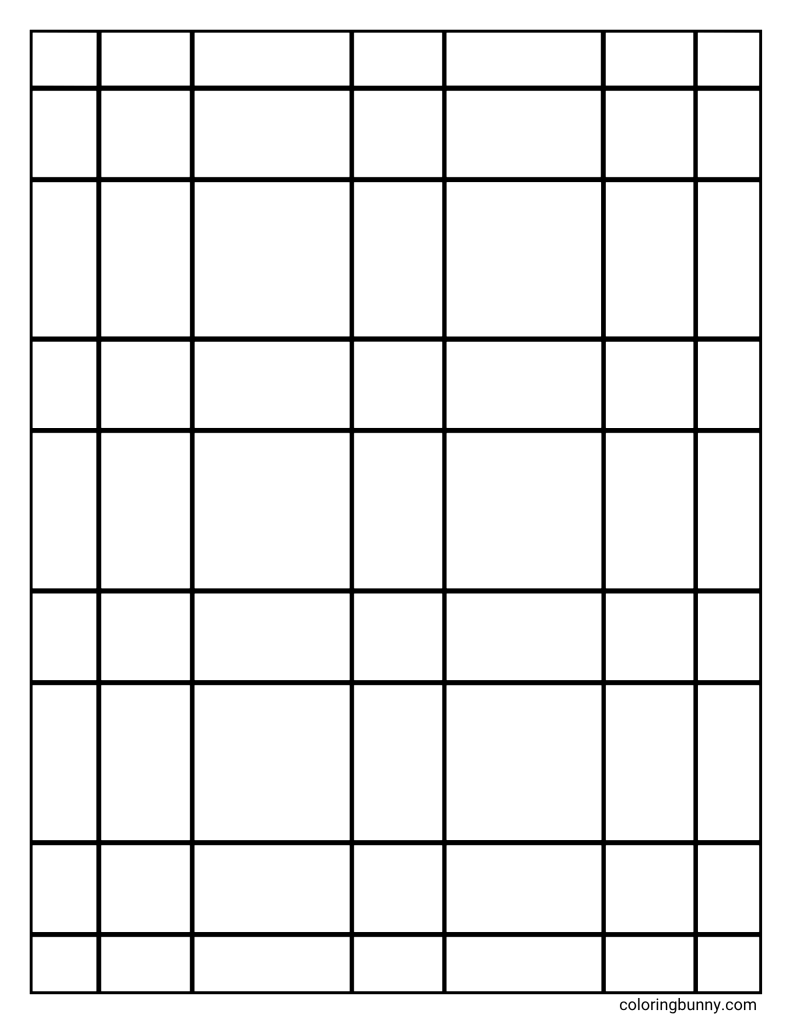 Simple grid pattern coloring page featuring vertical and horizontal lines that form a full-page grid of rectangles and squares in different sizes.