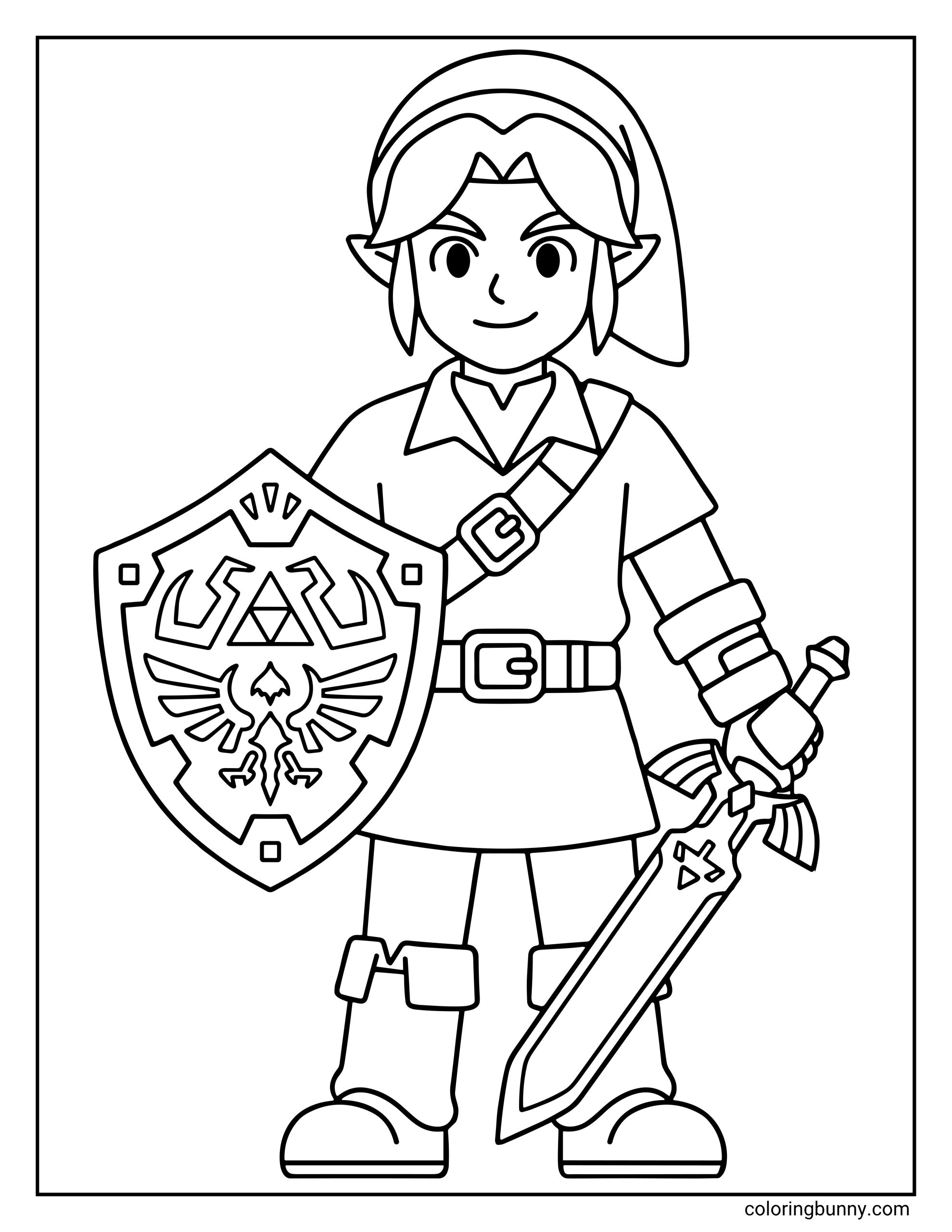Zelda coloring page showing Link standing with a sword, Hylian shield, tunic, belt, boots, pointed ears, and simple hero pose.