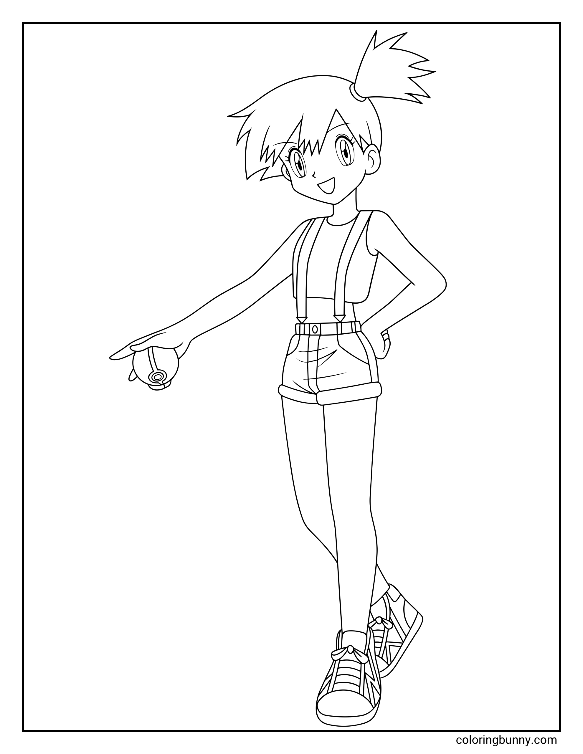 Anime girl coloring page featuring Misty from Pokémon in a simple full-body pose, with a side ponytail, sleeveless top, suspenders, shorts, sneakers, and a Poké Ball in one hand.