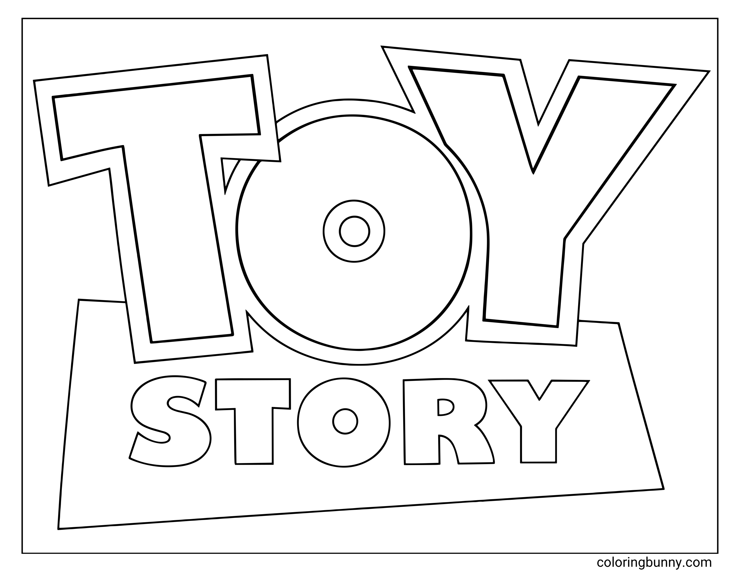 Simple Toy Story logo coloring page featuring the Toy Story title in large outlined letters with the word “TOY” above “STORY.”